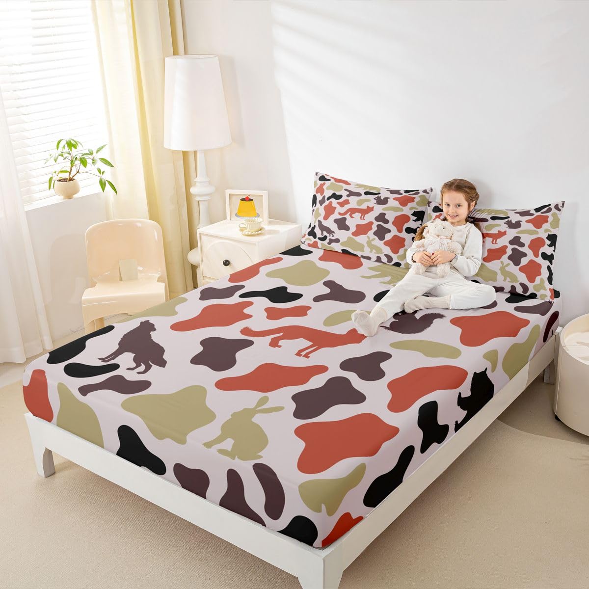 Manfei Camo Animals Fitted Sheet Twin Size,Bear Wolf Rabbit Wildlife Design Bedding Set 2pcs,Army Camouflage Bed Sheets with 1 Pillowcase,Kids Boys Girls Room Decor,Soft Deep Pocket Bedding(No Flat)