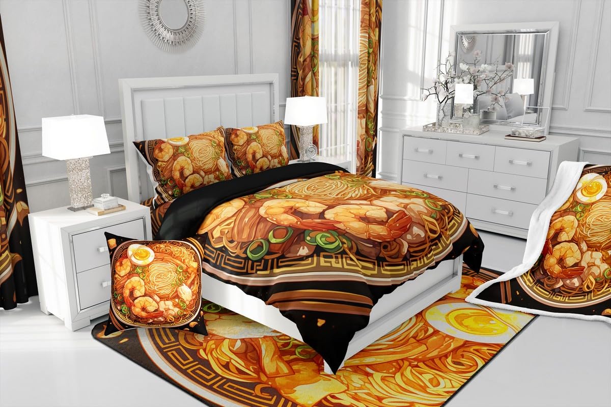 Erosebridal Ramen Noodle Queen Comforter Set,Japanese Ramen Bedding Set Funny Gifts for Kids Adults,Food Themed Quilt Bed Set Anime Style Bedding Comforter Sets with 2 Pillowcases Bedroom Decor