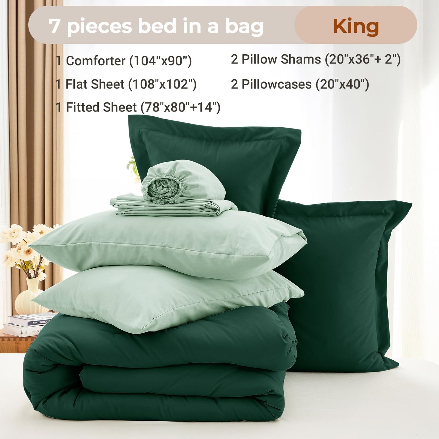 MUXHOMO 7 Pieces King Comforter Set, Soft Bed in a Bag King Size, All Season Bedding Set with Comforter, Flat Sheet, Fitted Sheet, Pillowcases & Shams, Forest Green & Sage Green