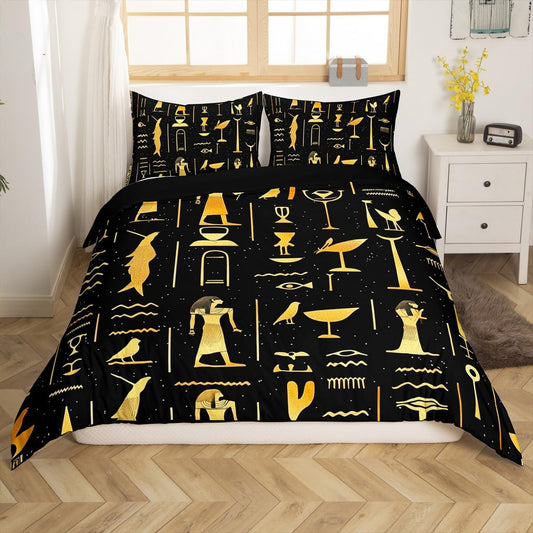 Feelyou Ancient Egypt Comforter Cover Set Egyptian Symbol Duvet Cover Vintage Pharaoh Pyramid Bedding Set Boho Tribal Quilt Cover 2 Pillowcases Full Size