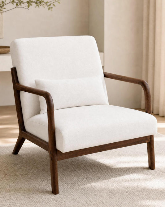 Garvee Mid-Century Chenille Accent Chair, Cozy Reading Chair, Modern Lounge Armchair with Lumbar Pillow, Solid Wood Frame, for Living Room, Bedroom, Office, Beige