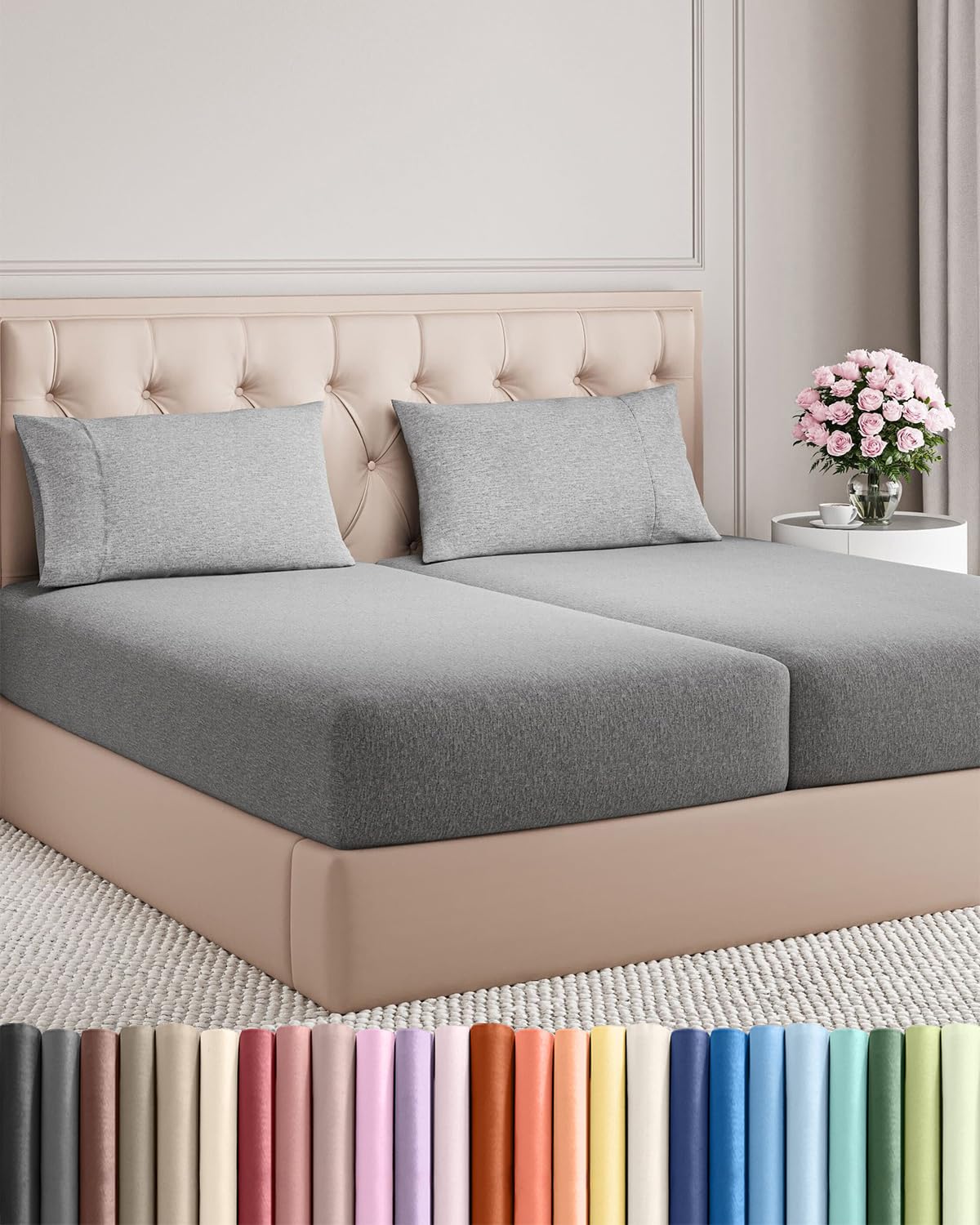 Split King Size 5 Piece Sheet Set - Comfy Breathable & Cooling Sheets - Hotel Luxury Bed Sheets for Women & Men - Deep Pockets, Easy-Fit, Soft & Wrinkle Free Sheets - Heathered Grey Oeko-Tex Sheets