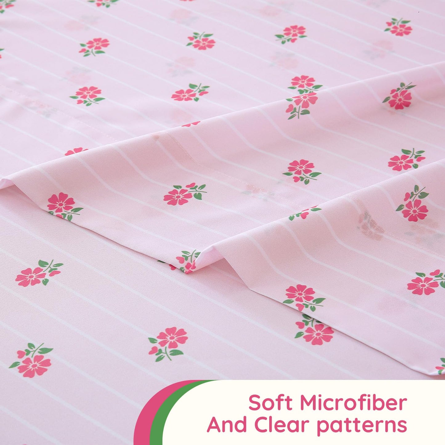 MCO Kids 3 Pieces Striped Twin Sheet Set for Girls, Breathable Bed Sheets with 16" Deep Pocket, Soft Brushed Microfiber Bedding Set (Twin, Pink Flower)