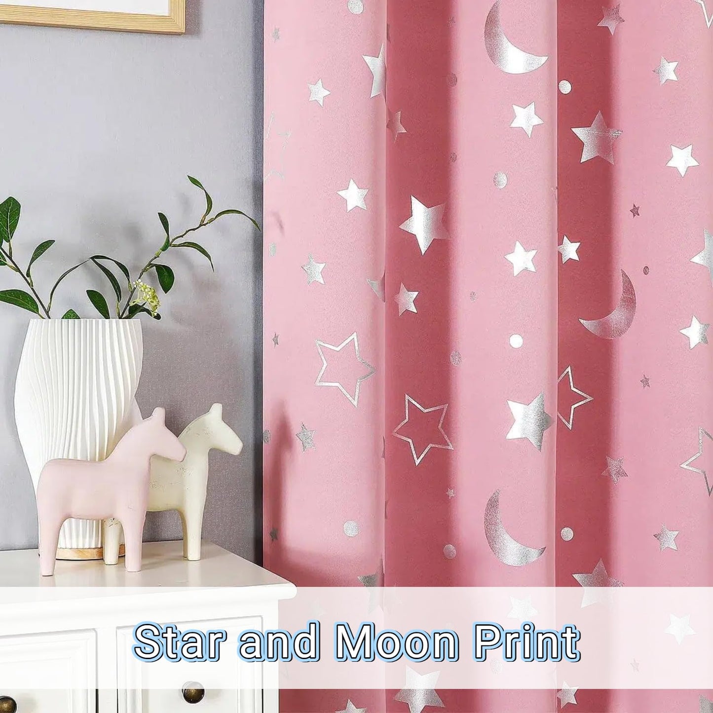 SENEETO Star Moon Kids Blackout Curtains, Pink, 52 x 72 Inch