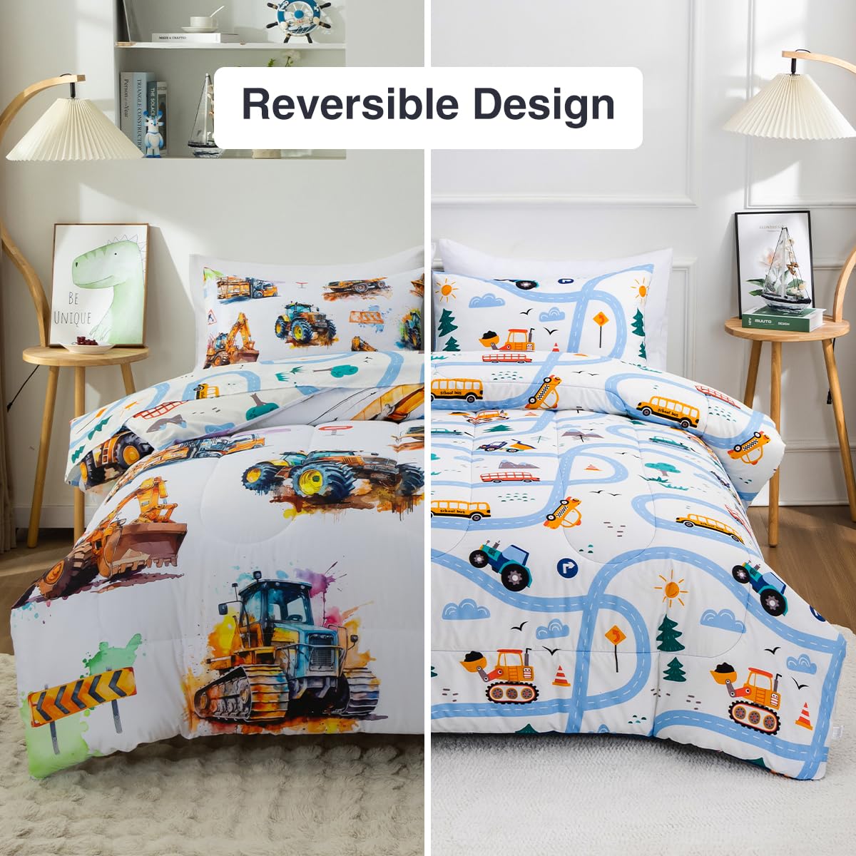 Holawakaka Trucks Tractors Cars Boy Bedding Comforter Set with Sheets, Twin Size Cartoon Construction Car Excavator Print Kids Bed in A Bag 5-Piece, Boys Reversible Dorm Bed Sets (Multi Twin)