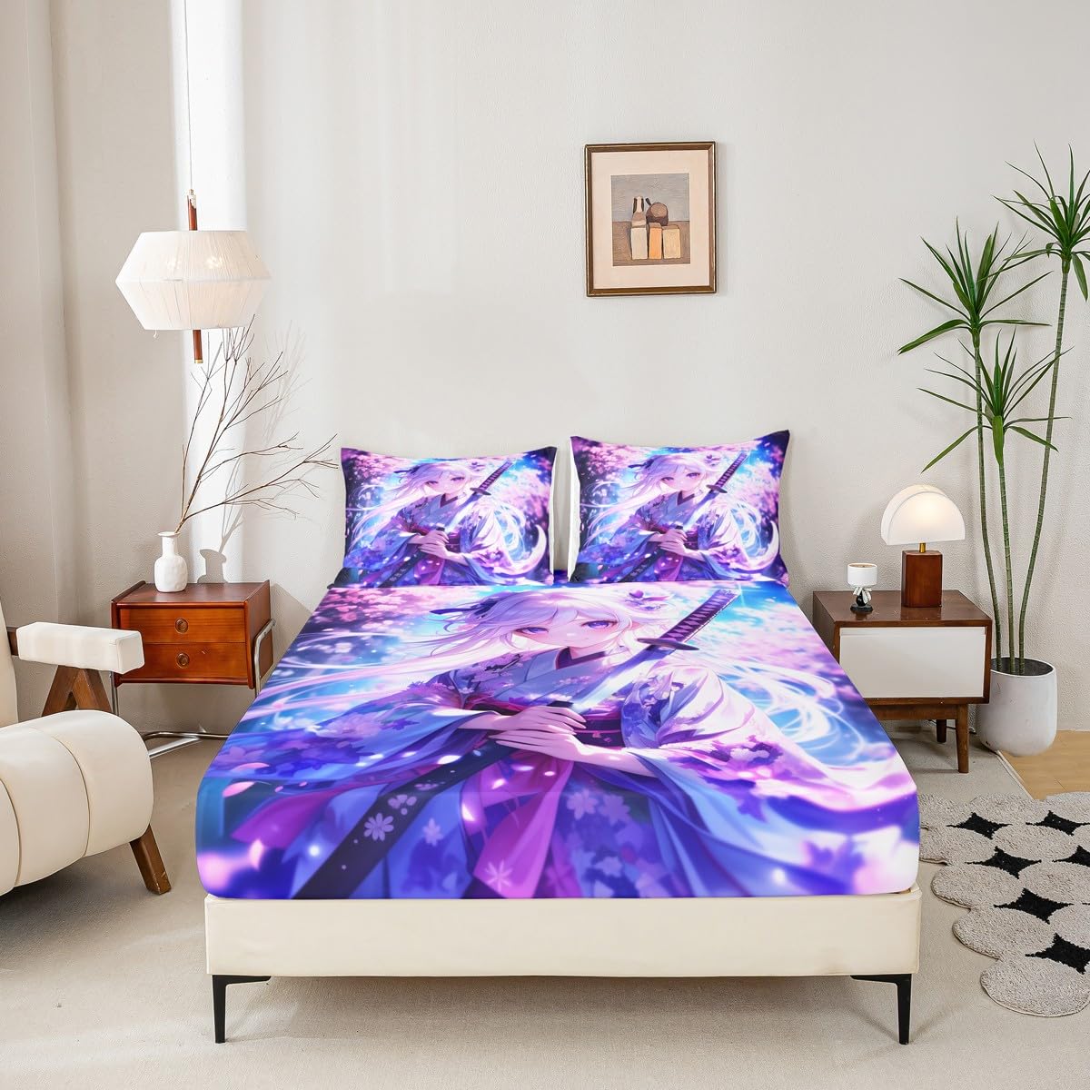Erosebridal Anime Girl Twin Bedding Set for Kids, Kawaii Japanese Anime Fitted Sheet Cartoon Girl Bed Sheets Sci Fi Style Japanese Animation Sheets for Kids Girls Teens Adult Bedroom