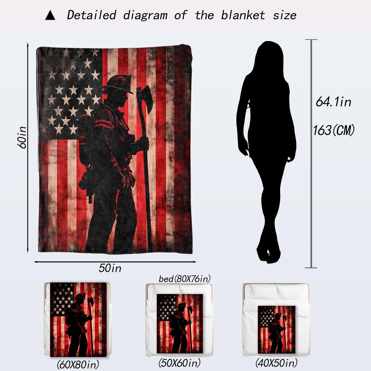 ainori Patriotic Firefighter Blanket - American Flag and Heroic Silhouette Fleece Throw,Gifts for Adult, Soft & Warm,Lightweight, for Modern Decor, Honoring First Responders,Room Home Accents 50x60in