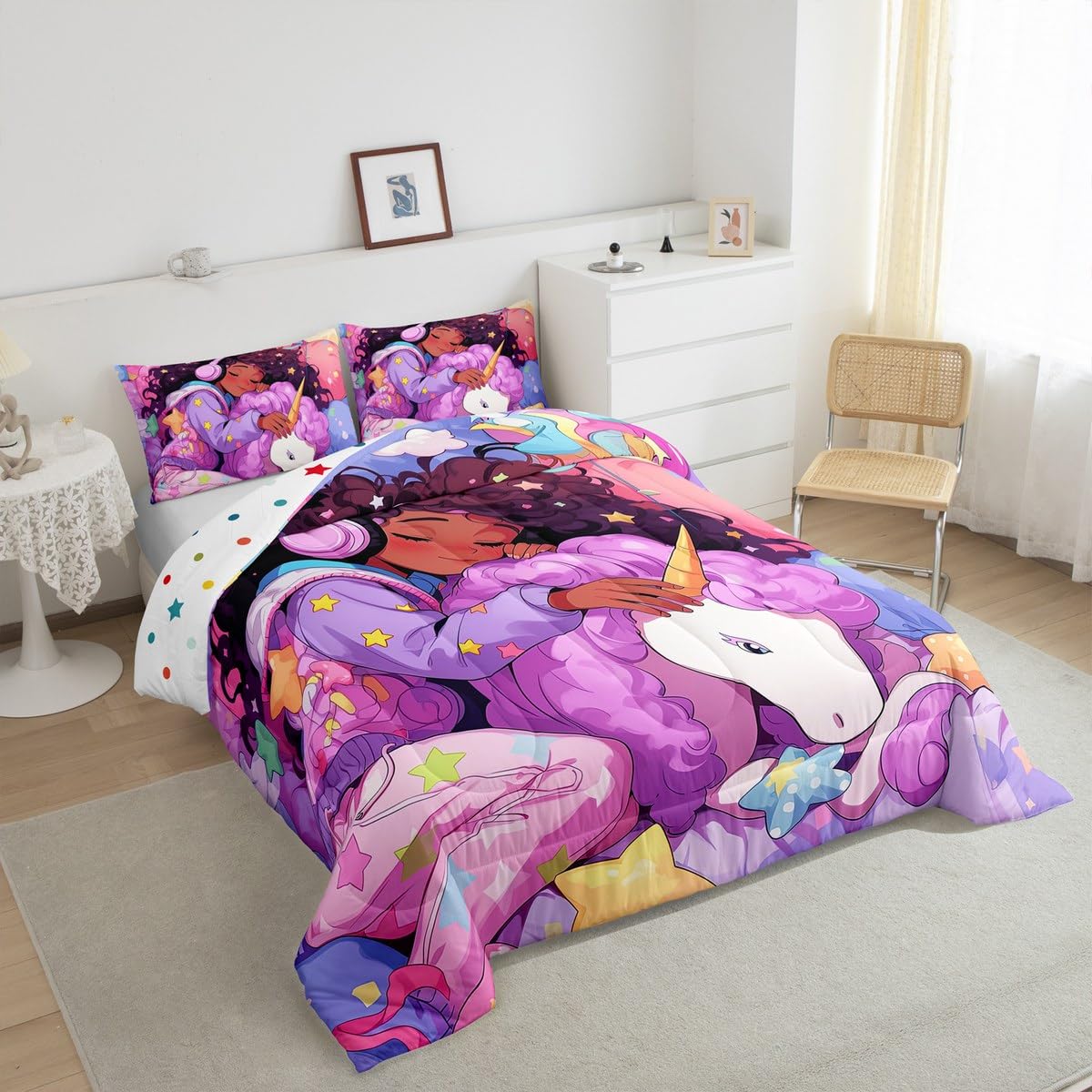 Erosebridal Black Girls Bedding Set Unicorn Afro Girl Twin Comforter Set for Girls,American African Princess Magical Cartoon Horse Quilt for Toddler Kids Teenager,Cute Room Decor