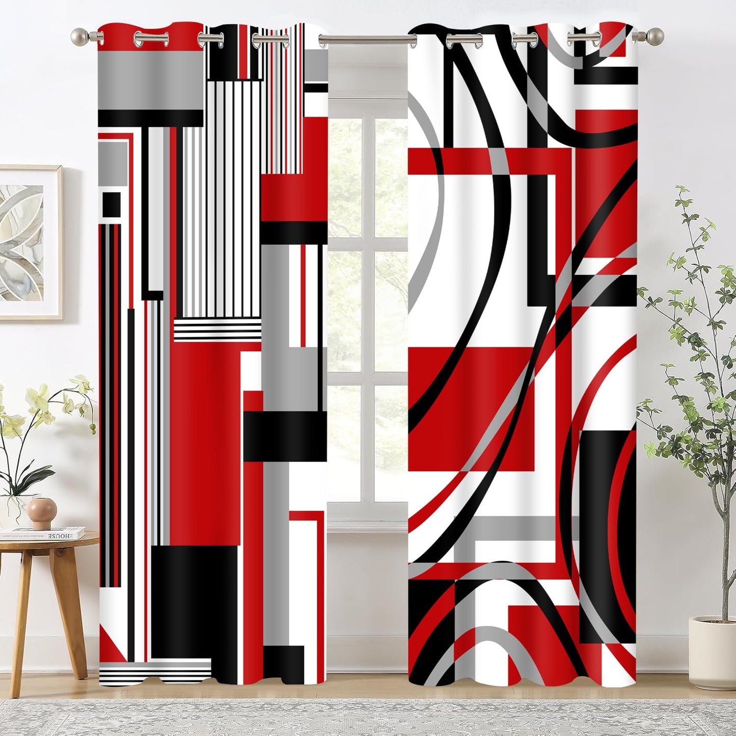 HIYSMT Red Black White Line Geometric Curtains,42x84inch Gray Red Plaid Striped Blackout Curtain,Abstract Red Modern Art Drape for Bedroom Living Room 2Panels HI01CL