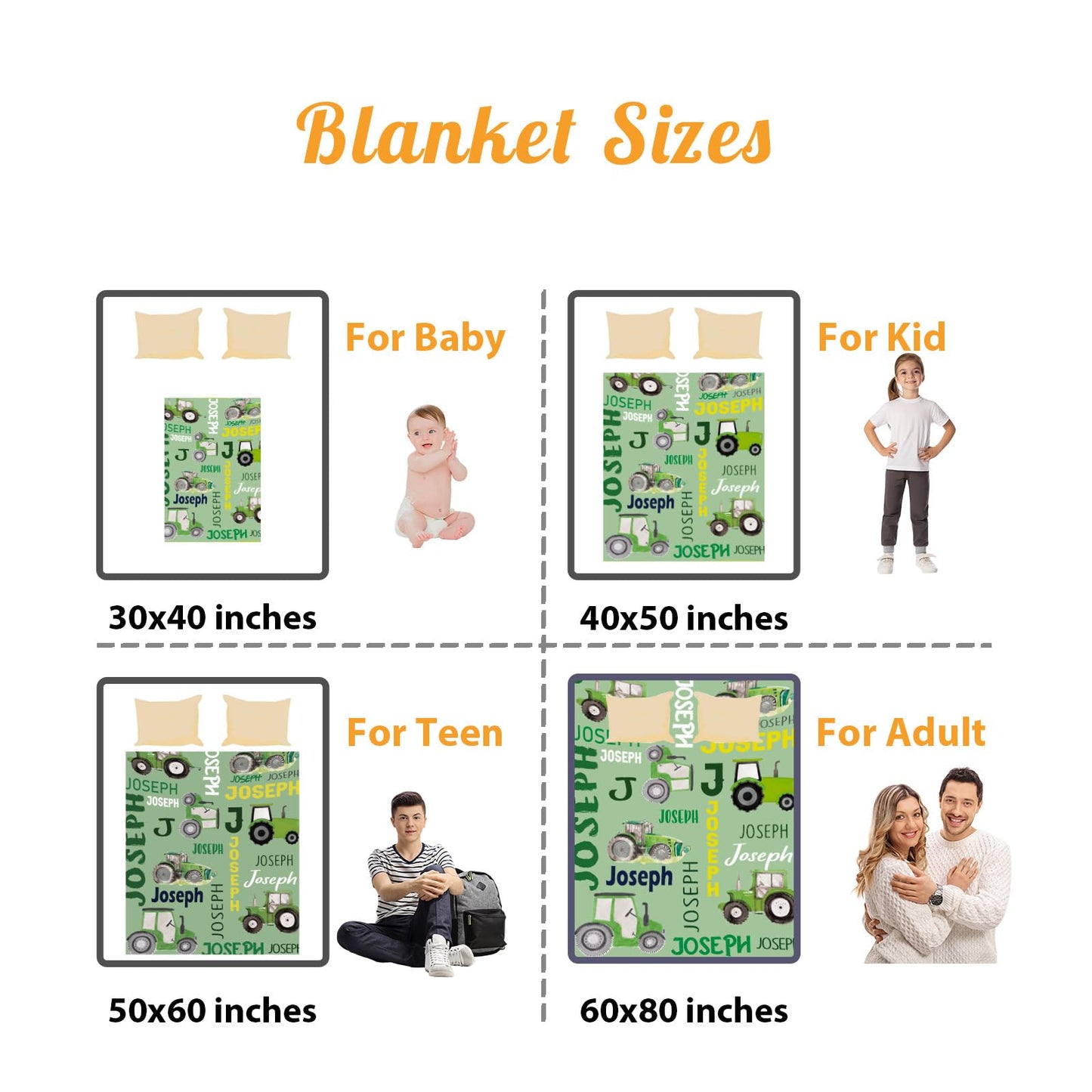 Personalized Tractors Blanket - Custom Name with Farm Tractor Trucks Design - Soft Plush Flannel Bed Blanket for Baby Kid Teen Boys Girls Customized Gifts Lime Green
