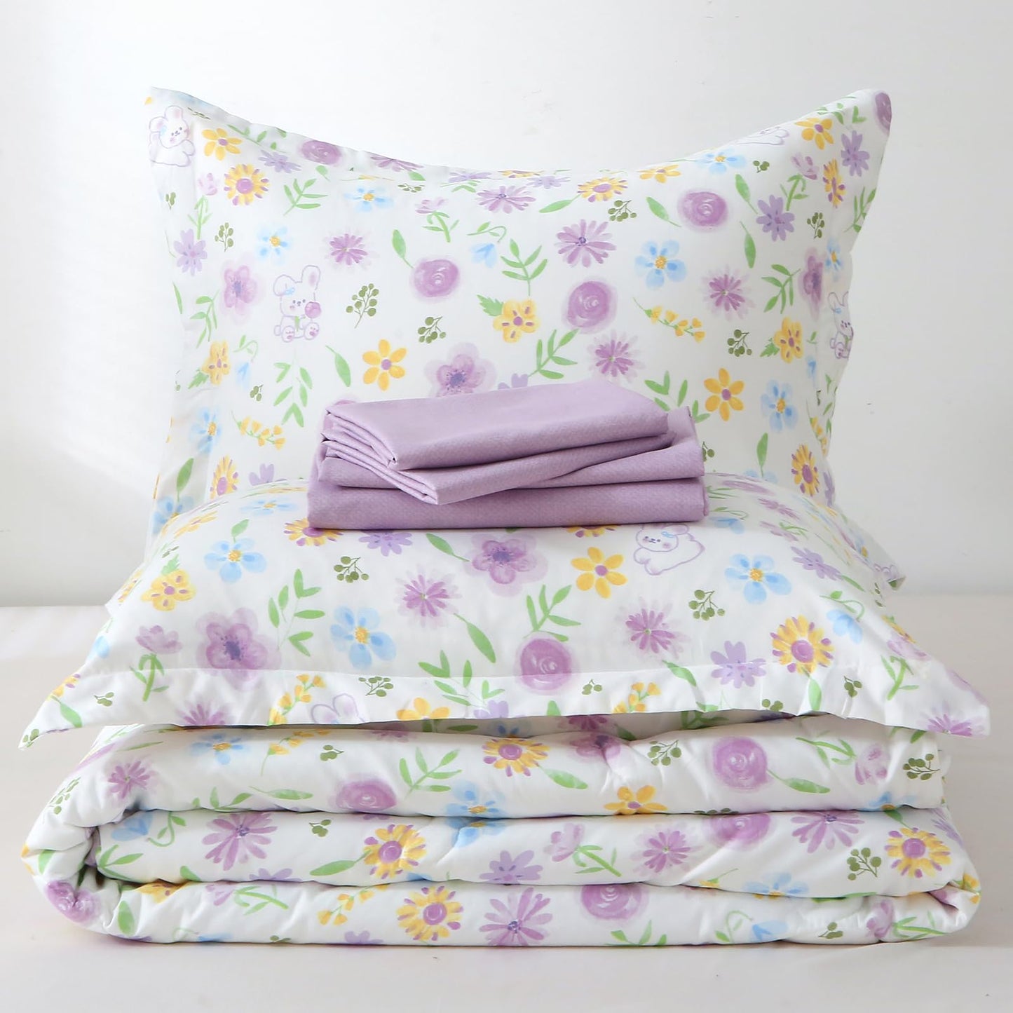 Wajade Floral Comforter Set Bed in A Bag Twin Size 7 Piece Purple Flower Green Leaves Rabbits Bedding Set for Girls (1 Comforter, 1 Flat Sheet, 1 Fitted Sheet, 2 Pillowcase and 2 Pillow Sham)