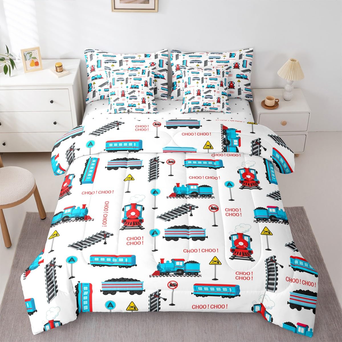 jejeloiu Tramcar Comforter Set with Sheets 7 Piece Twin Size Cartoon Car Bed in a Bag Kids Boys Girls Wired Trolley Car Bedding Set Bedroom Decor Breathable Soft Lightweight Microfiber