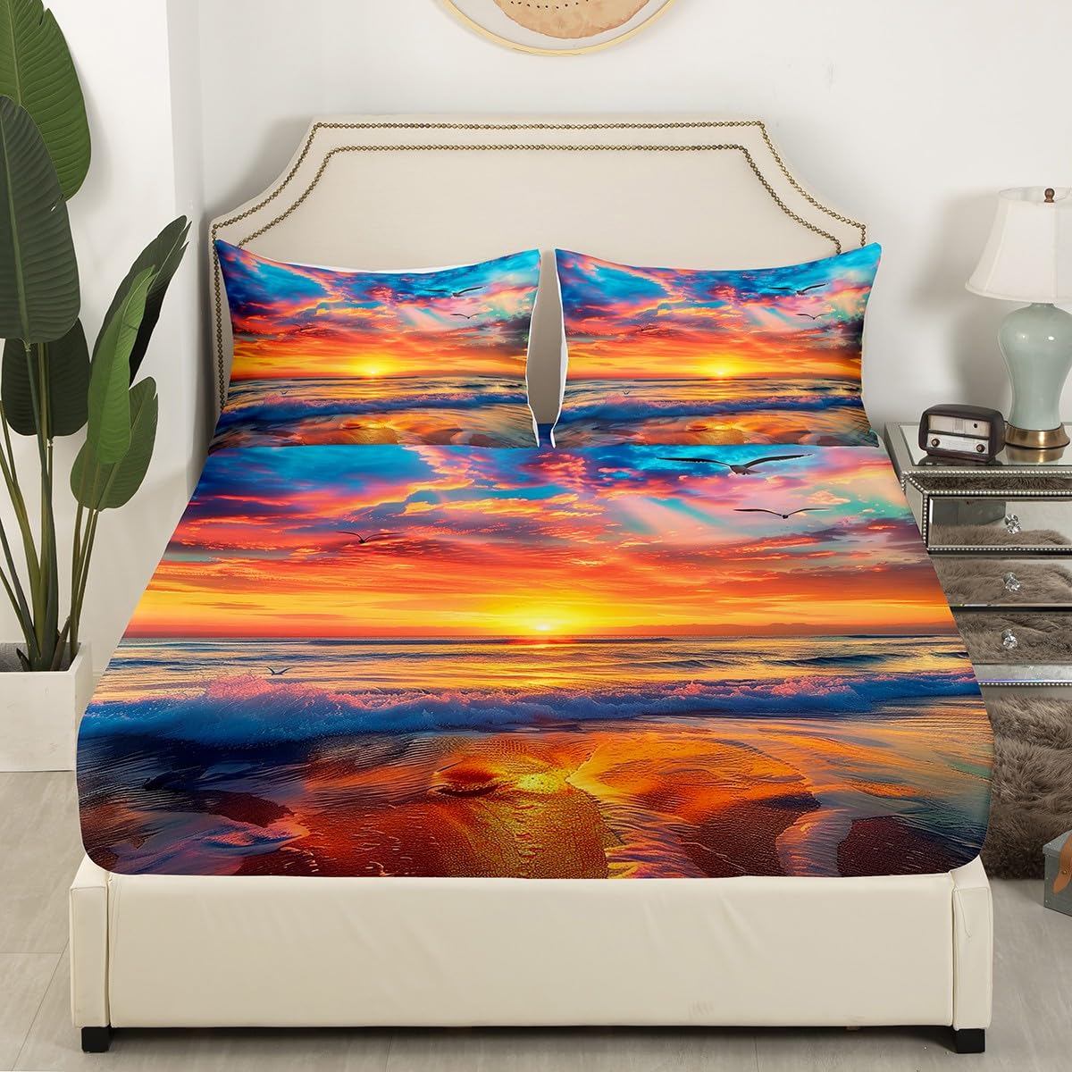 jejeloiu Beach Theme Fitted Sheet Full Size Kids Summer Sea Ocean Sunset Bed Sheets Set for Boys Girls Teens Wave Coastal Natural Scenery Bedding Set Room Decor