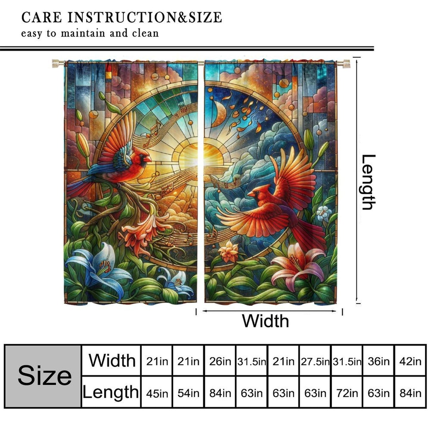 FengMingRui Cardinal Stained Glass Curtains Modern Art Flower Bird Note Dream Blackout Window Treatments for Kids Boys Girls Bedroom Living Room Window Drapes 42" W X 45" L