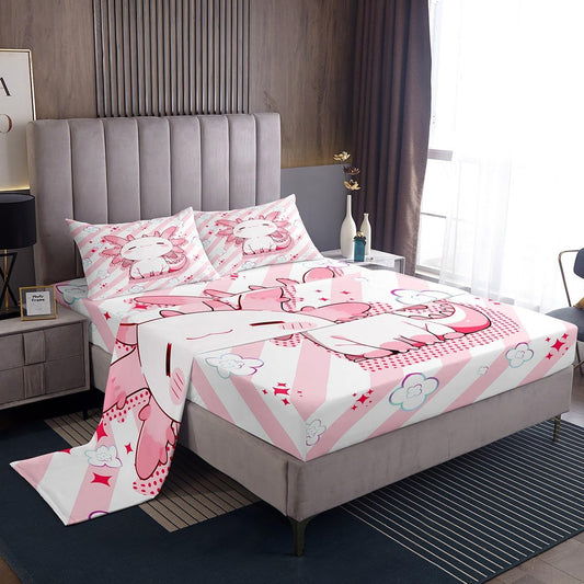 Homewish 4 Pieces Cute Axolotl Full Size Sheet Set Soft Microfiber Cartoon Salamander Fitted Flat Sheets and Pillowcases Pink Stripes Bedding Sets for Kids Teens Adults