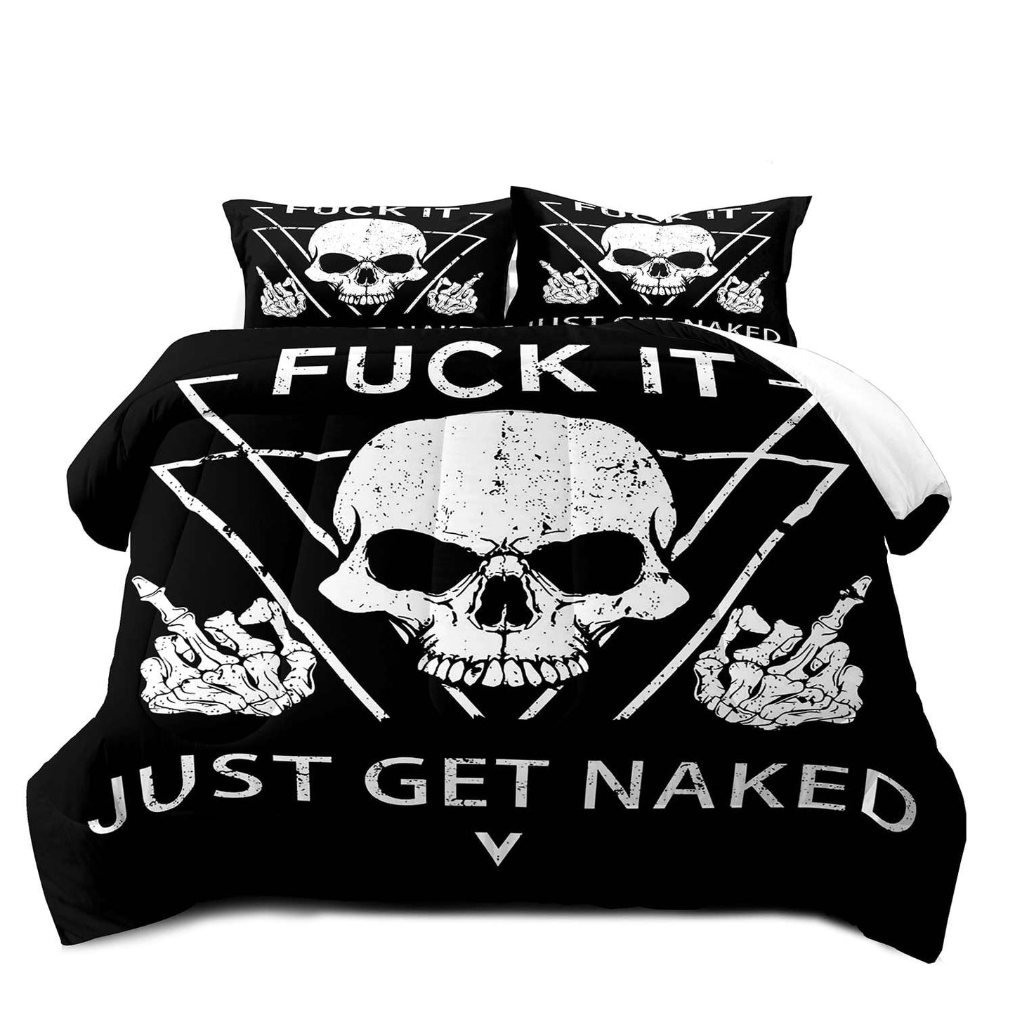 LUVIVIHOME 3PCS Skull Comforter Set King Size, Black and White Comforter, Fuck It Just Get Naked Bedding Sets, Skeleton Funny Bedroom Decor for Men Women, Soft Microfiber Quilt, 2 Pillow Shams
