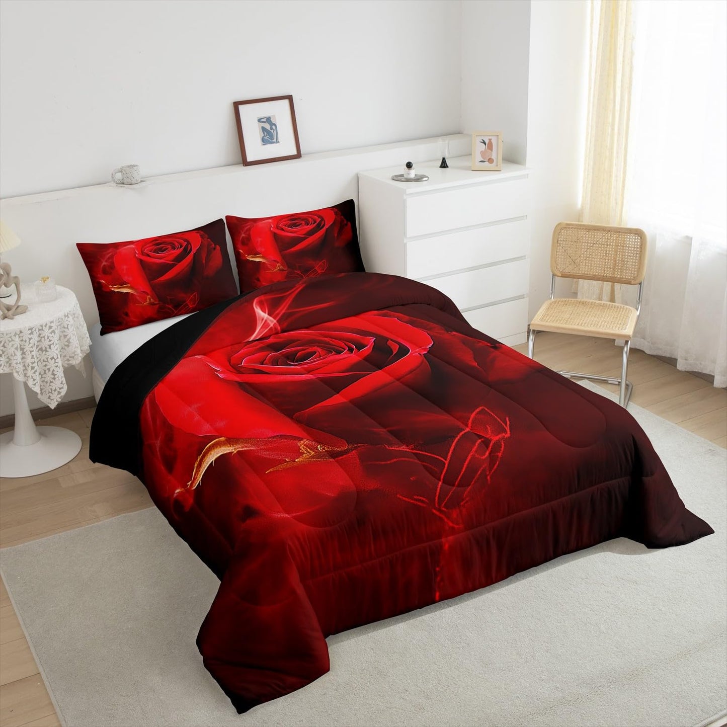 Erosebridal Valentine's Day Comforter Set Queen,Black Red Rose Floral Bedding Sets for Girls Women,Elegant Flowers 3D Print Quilt Set Soft Luxury Microfiber 3Pcs Quilted Comforter with 2 Pillow Shams