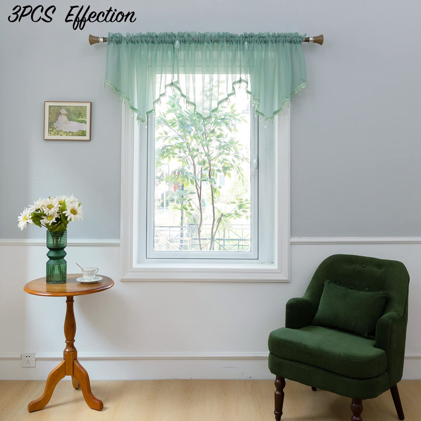 PearAge Beaded Sheer Valance Curtains for Living Room,Rod Pocket Farmhouse Window Valance, Bead Trim Tassel Voile Sheer Curtain Valance for Bedroom Bathroom Cafe 51x24 Inches (Mineral Blue) 1PC
