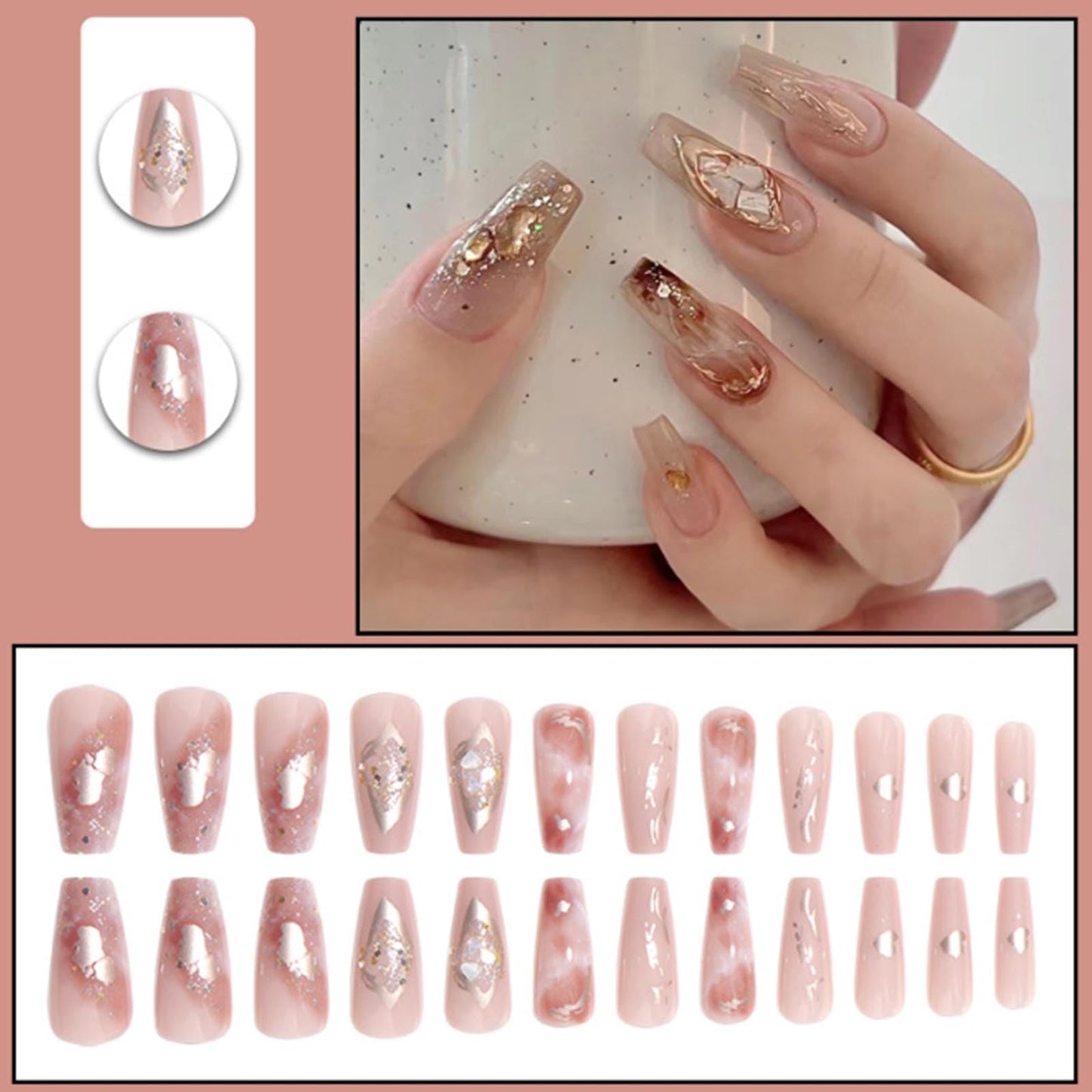 YoYoee Medium Full Cover Nails Tips Luxury Nude False Nails Marble Nails Coffin Press on Nails Gradient Fake Nails for Women and Girls 24PCS