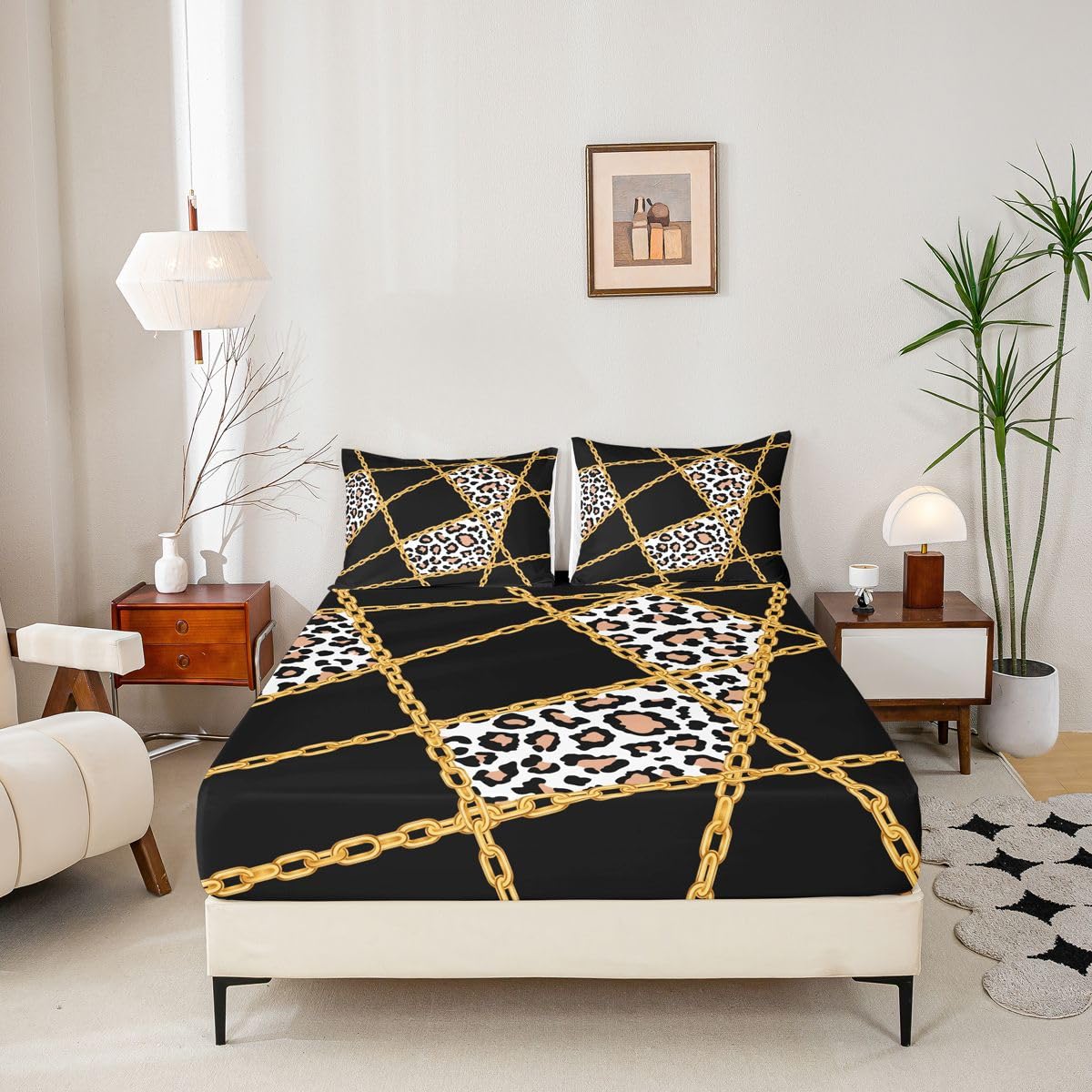 jejeloiu Black Leopard Fitted Sheet with 1 Pillowcase Twin Size Iron Chain Print Bed Sheets Set 16" Deep Pocket Boys Girls Cheetah Bedding Animal Print Teens Bedroom Decor Breathable Soft Lightweight