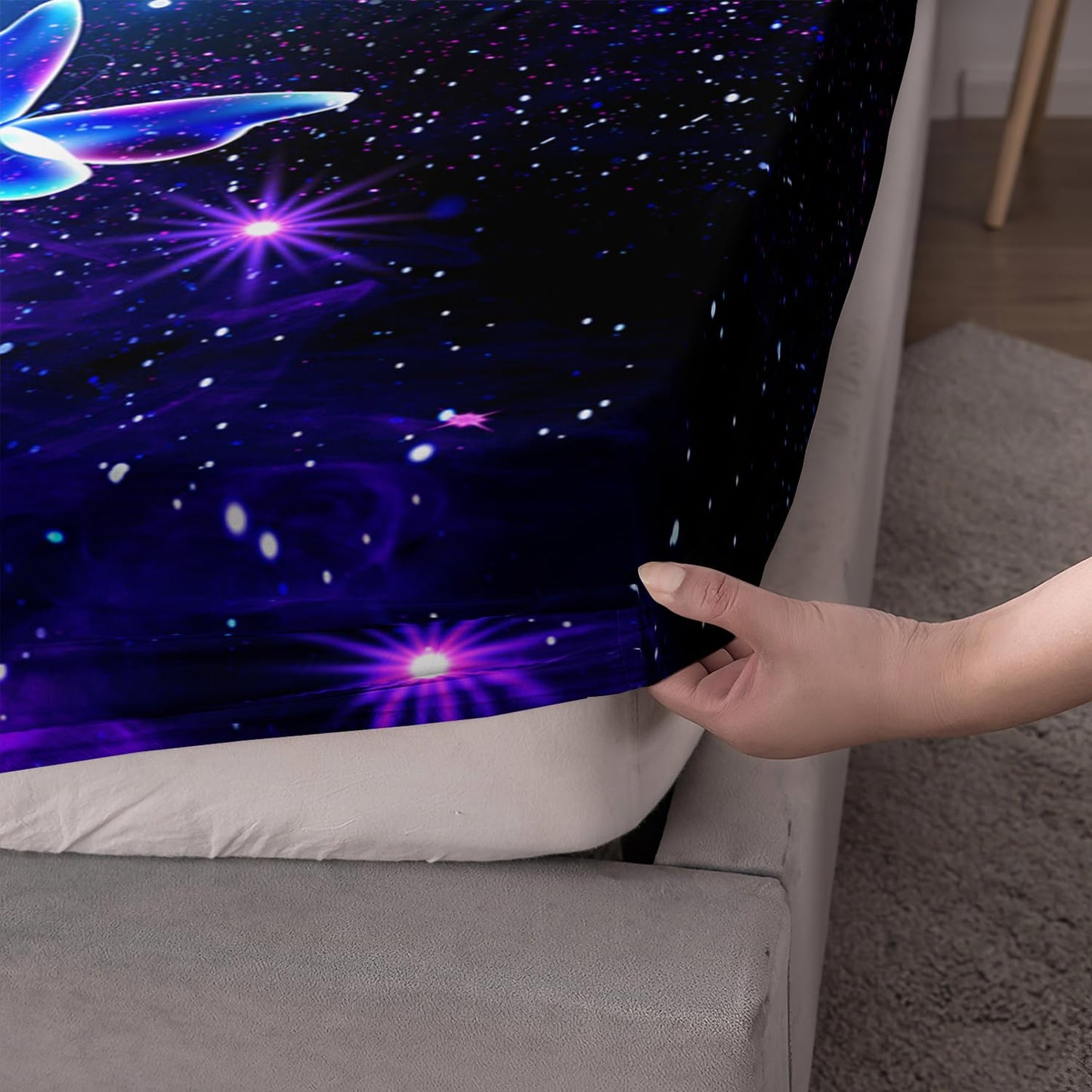 HOSIMA Kawaii Axolotl Twin Fitted Sheet for Kids,Axolotl Sitting on Moon Reading Book,Butterflies Pattern Aesthetic Galaxy Bedding Set for Teenage Girl Room Decor,1 Fitted Sheet+2 Pillowcases.