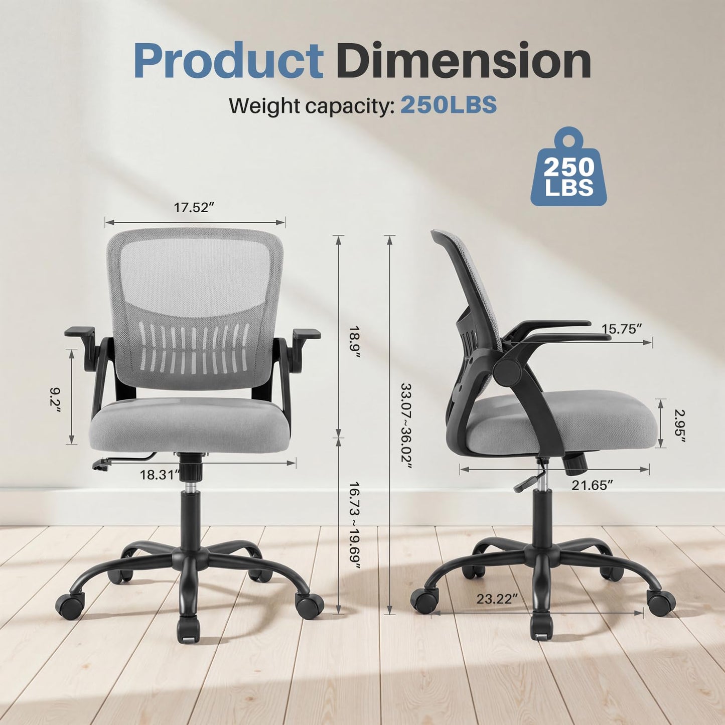 DUMOS Home Office Desk Chair - Ergonomic Computer Mesh Chair with Lumbar Support & Rocking Mode, Height Adjustable with Flip-up Armrest, for Conference, Meeting Room, 360° Swivel, Adults, Grey