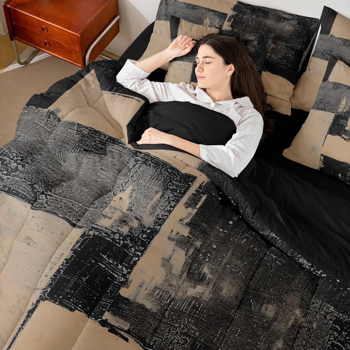 Feelyou Abstract Comforter Set with Sheets 7 Piece King Size Modern Abstract Art Bed in a Bag Kids Boys Girls Luxury Bedding Set Geometric Bedroom Decor Black Brown Soft Lightweight Microfiber