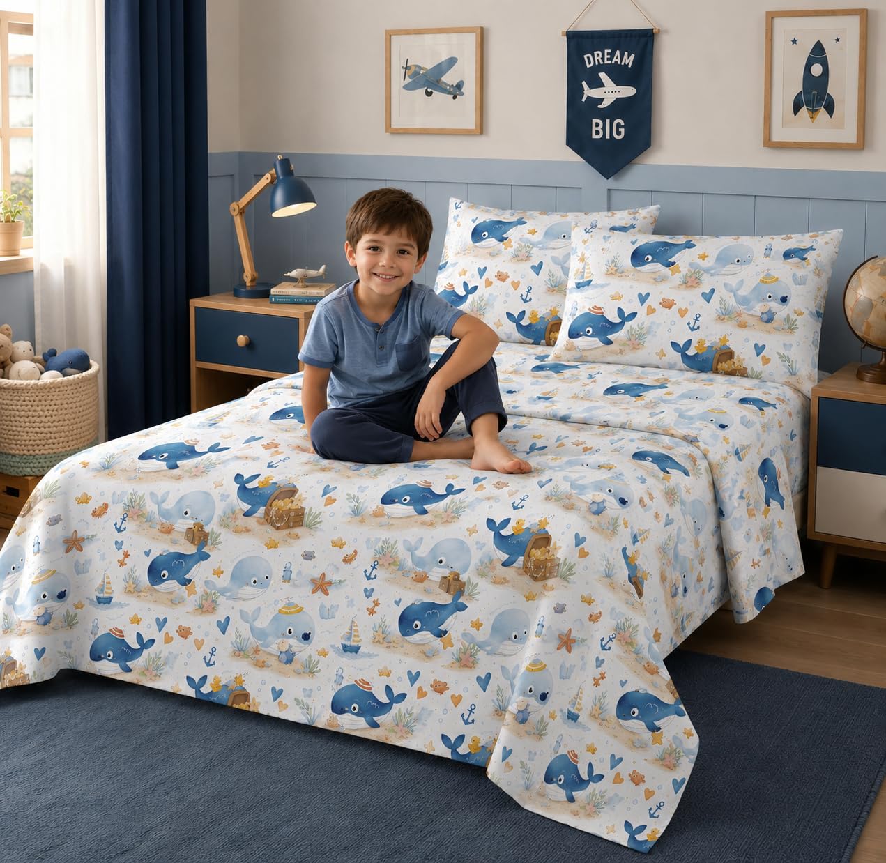 YIYEA 100% Cotton Kids Sheets, Ultra Soft Cozy Cute Bed Sheets Set for Girls, Boys, Teens, 16" Deep Pocket, 3PC, Twin