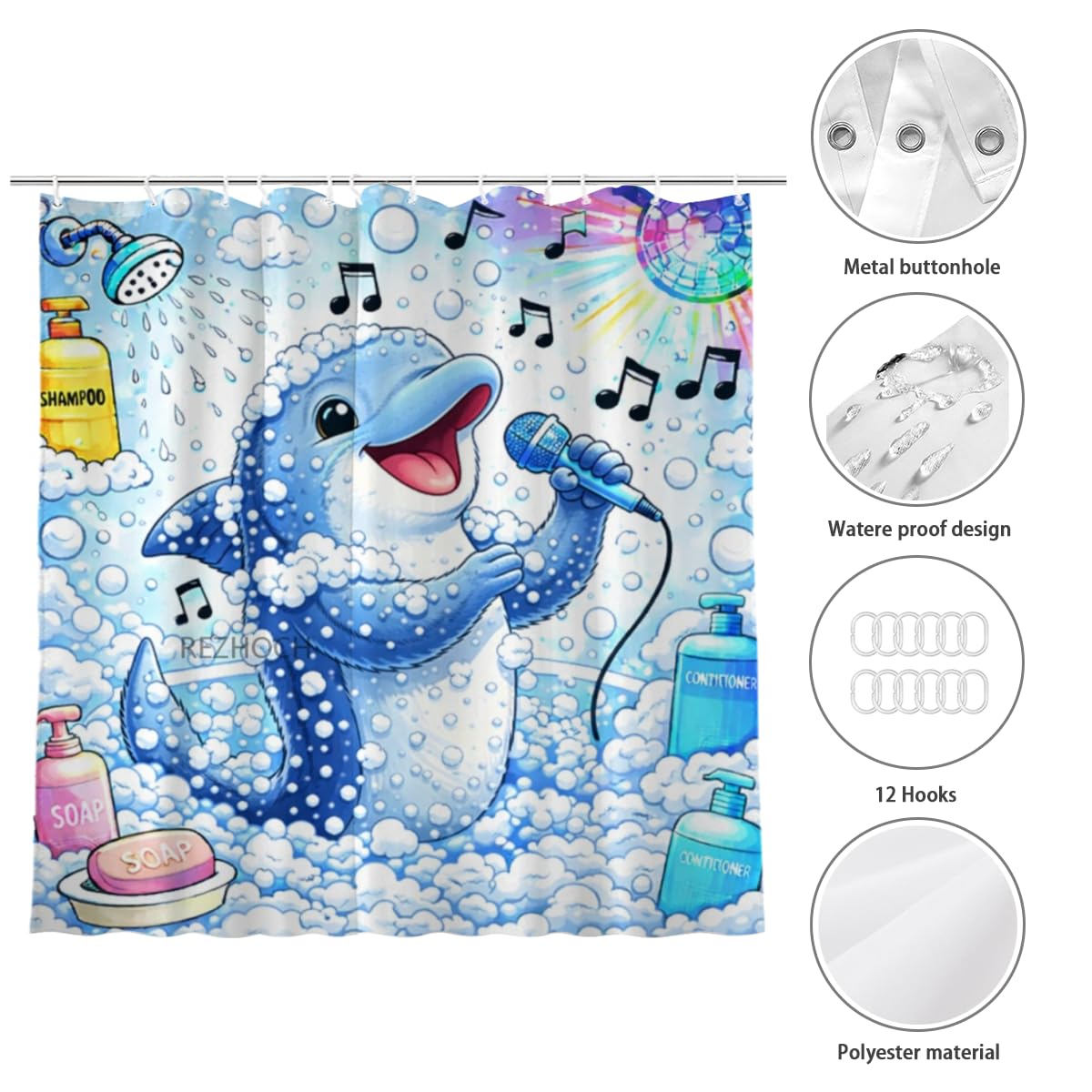 REZHOCH Funny Singing Dolphin Shower Curtain 72x72 Inch,Cute Cartoon Animal Home Bathroom Decor,Humour Colorful Music Bubble Microphone Bath Set Waterproof Fabric with Hooks