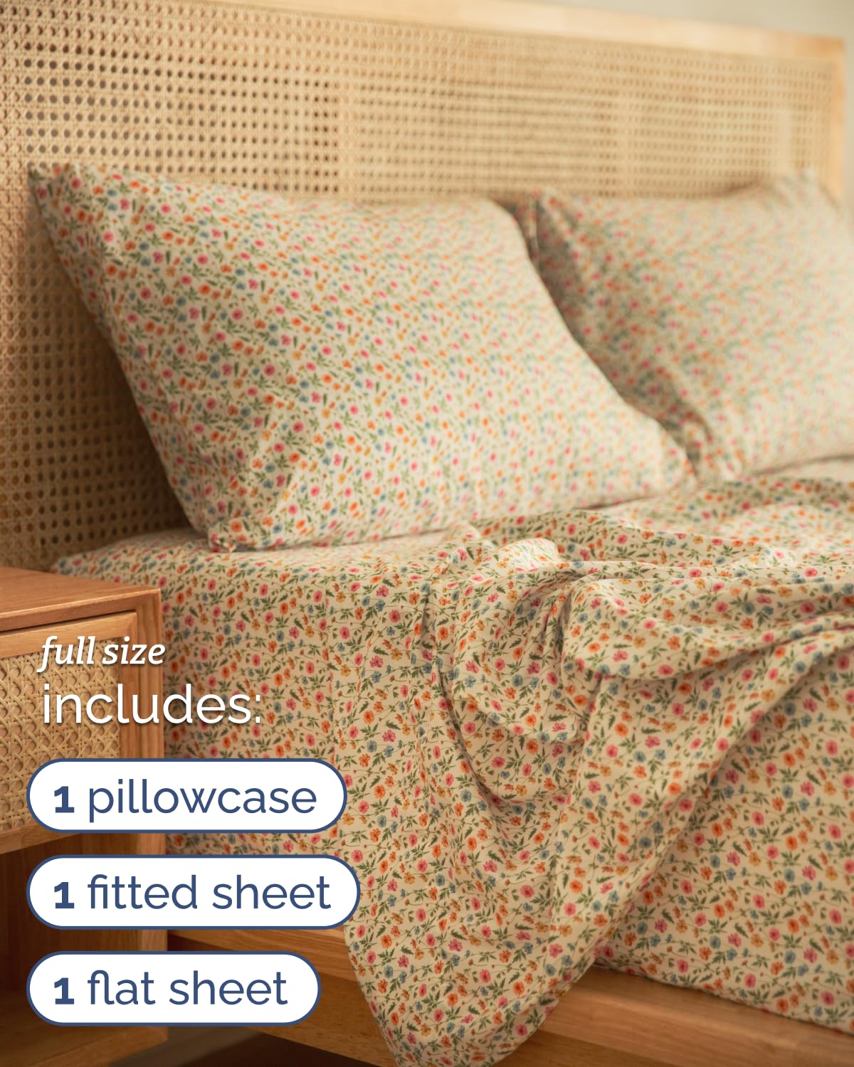 Floral Sheets - Flower Print Bed Sheet Set - 1 Flat, 1 Fitted & 2 Pillowcases w/ Deep Pockets - Comfy, Cozy, Wrinkle & Fade Free - Boho Botanical Bedding - Soft, Breathable & Cooling - Full Size Set