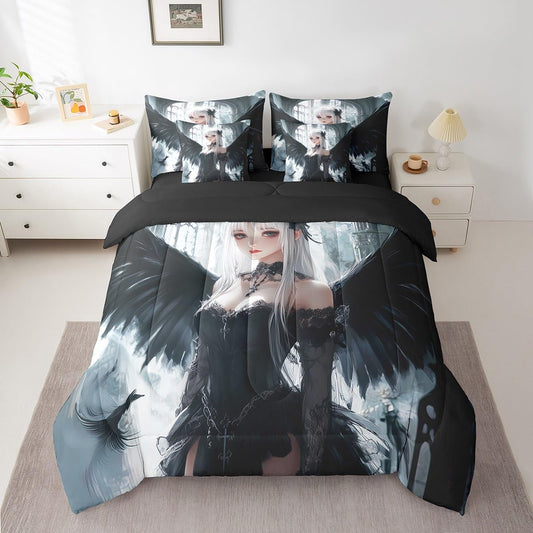 Erosebridal Anime Girl Bedding Sets 7 Piece Queen Size, Kawaii Japanese Anime Comforter Set for Kids Boys Teens Adult, Cartoon Girl Bed in A Bag Japan Animation Sheet Set, Machine Washable