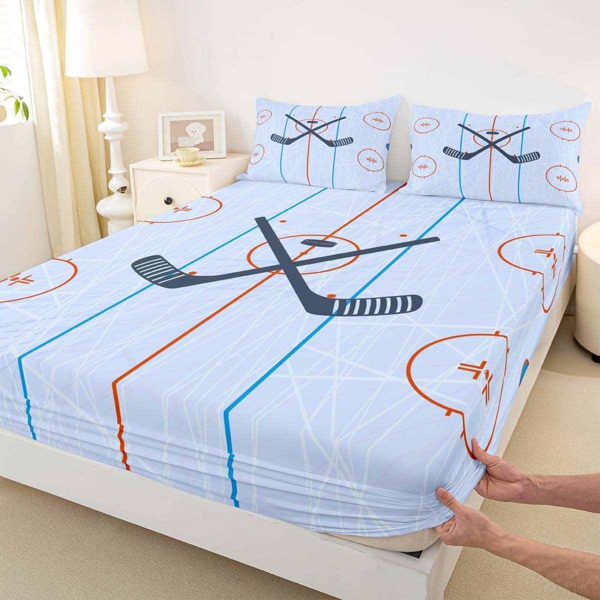 Ice Hockey Kids Sheet Full Size,Hockey Stadium Rink Bedding Set for Boys Girls Adults,Winter Event Ball Games Lovers Modern Stylish Bed Sheet Set 4pcs(Fitted Sheet + Flat Sheet + 2 Pillowcases)