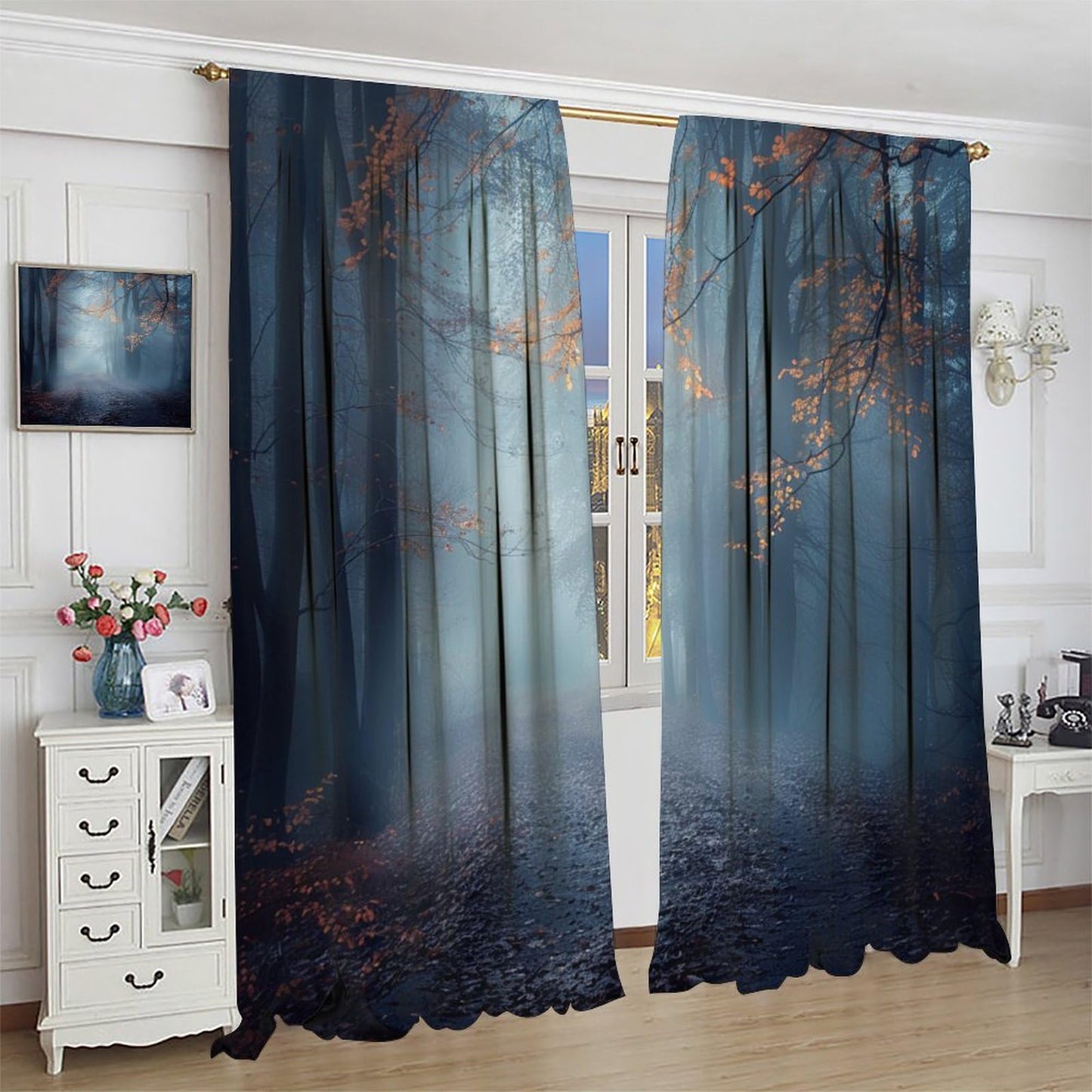 TOWINSFB Fog Forest Tree Blackout Curtains, Leaves Nature Landscape Botanical Home Decor Rod Pocket Window Drapes for Living Room Bedroom - 42" W x 63" L
