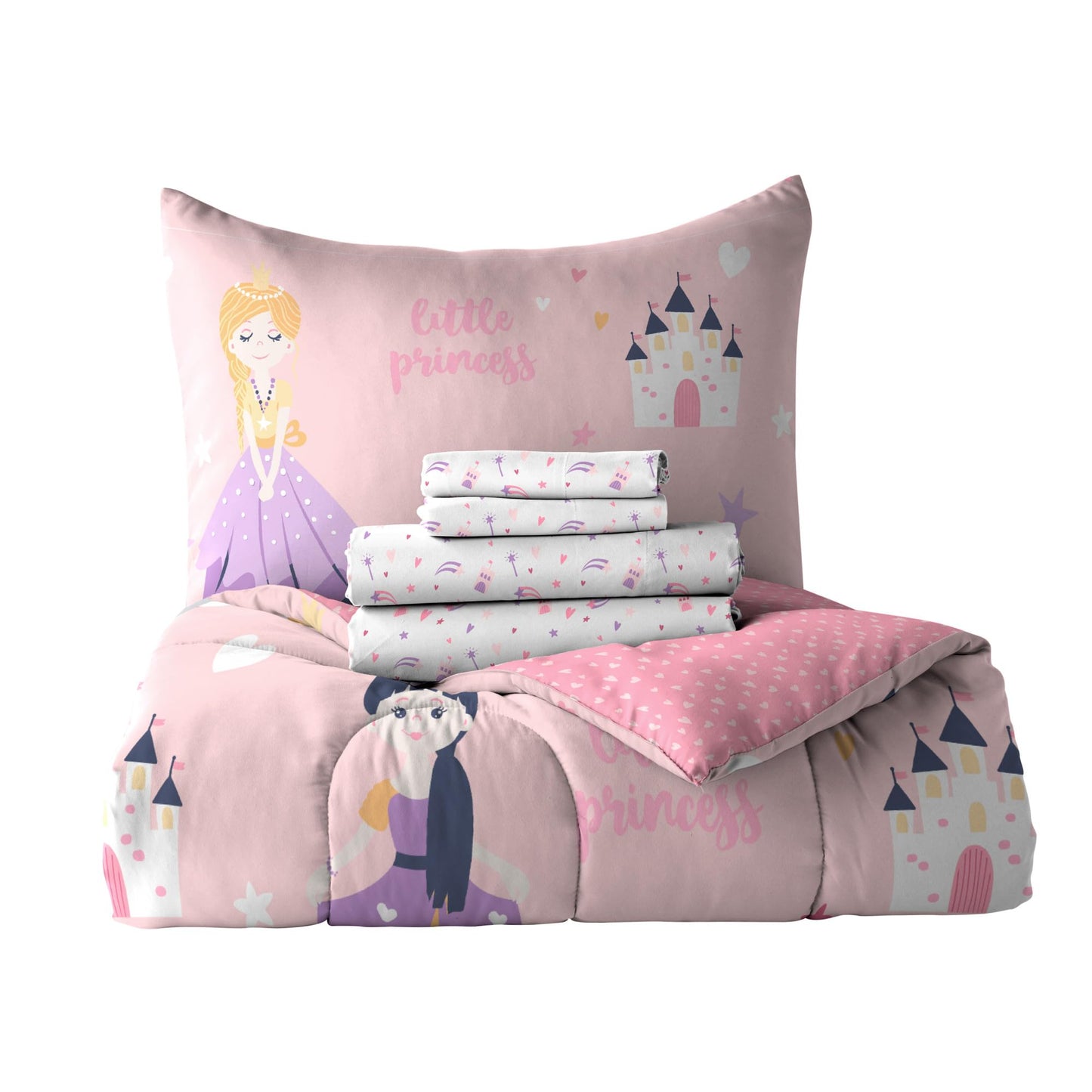 Dream Factory Kids 5-Piece Complete Bed Set Easy-Wash Super Soft Microfiber Comforter Bedding, Twin, Pink Little Princess