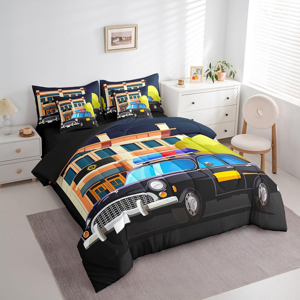 Erosebridal Police Car 7 Piece Comforter Set Full Bed in a Bag,Policeman Vehicle Car Bedding Sets Police Van Sheet Set with Comforter