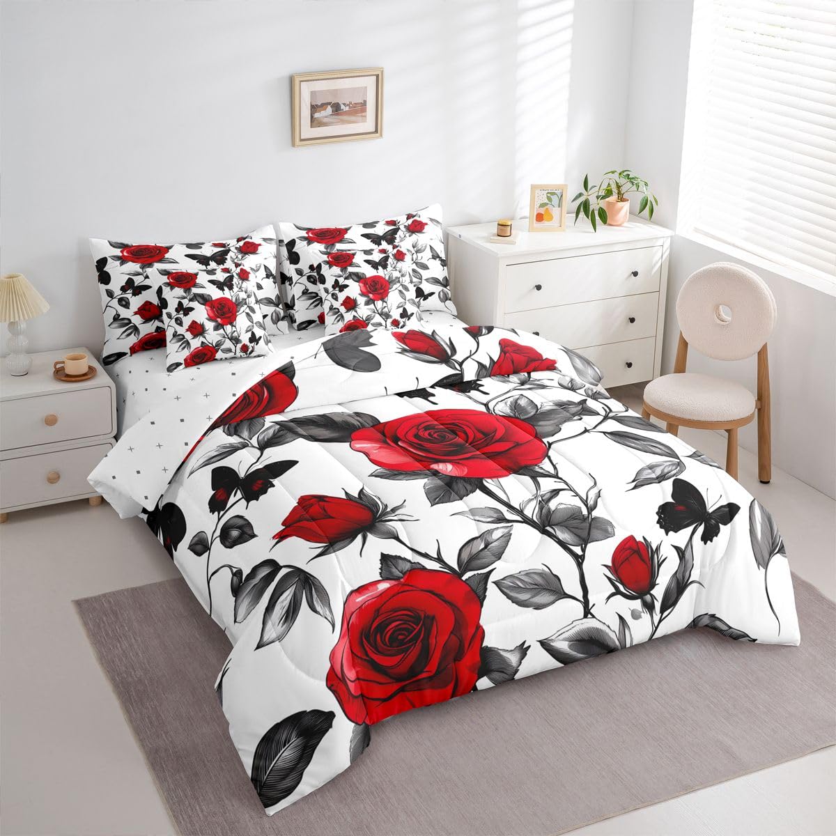 Erosebridal Red Roses Love Full Bedding Set - Romance Hearts Bed in A Bag,Romantic Gifts Comforter Sets with Sheets, Valentines Day 7 Pieces Bed Set Bedroom Decor