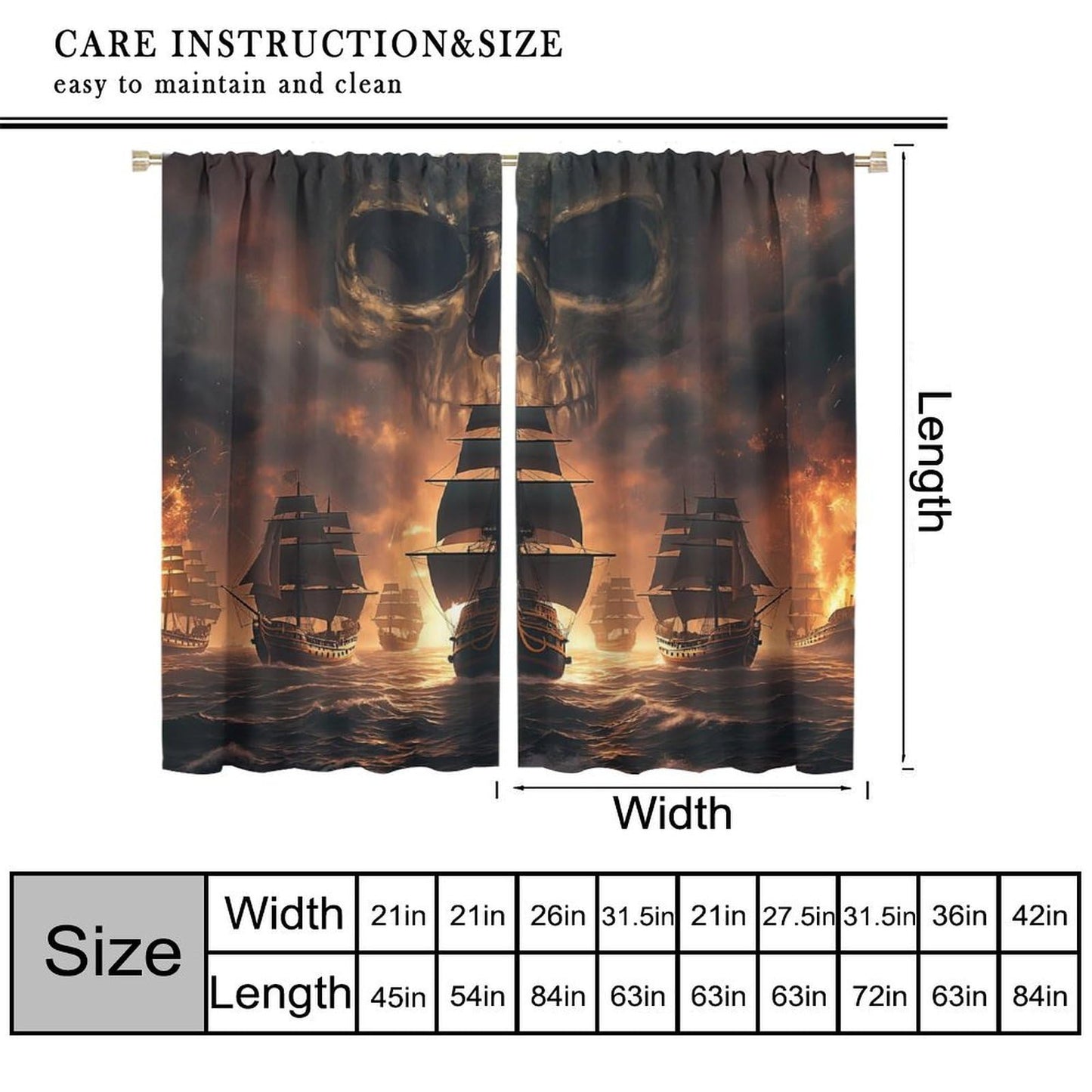 wlsgdsg Pirate Ship Curtains for Boys Cartoonish Cool Medieval Ocean Flame Skull Sailboat Pattern Window Treatments for Kids Boys Bedroom Living Room 42x44.5In（No Blackout）