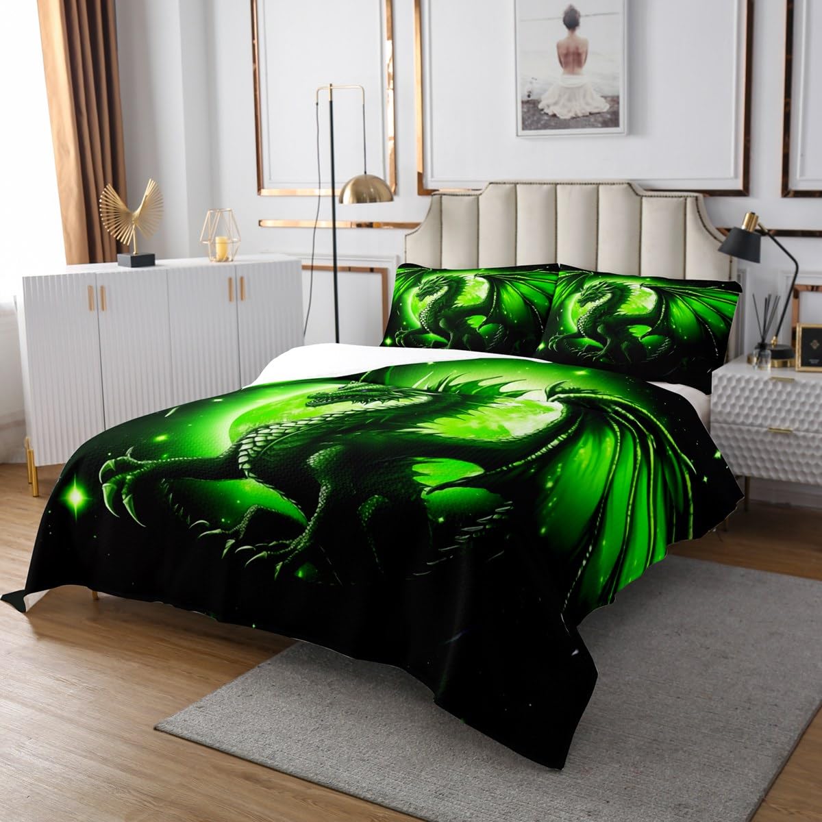 Castle Fairy Dragon Bedspread Queen Size,Starry Sky Moon Night Bedding Set for Kids Boys Teens Men Room Decor,3D Western Dragon Animals Comforter Set Black Green Quilt Coverlet,2 Pillowcases