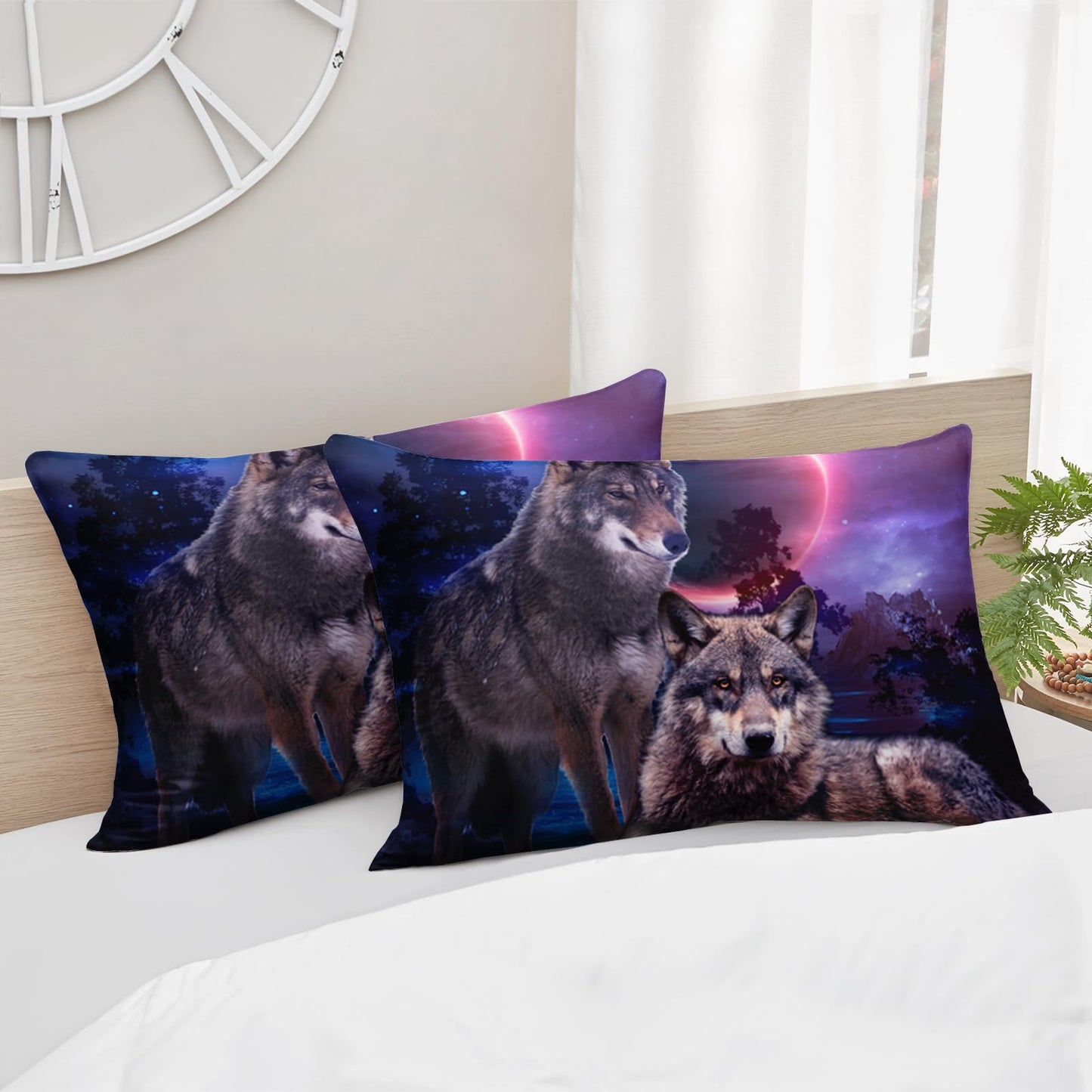 AILONEN Wolf Comforter Set Queen Size, Red Moon Outdoor Wolves Couples Bedding Set for Boys Girls,Woodland Forest Wild Wolves Duvet Set 3 Pieces, 1 Quilt and 2 Pillowcases