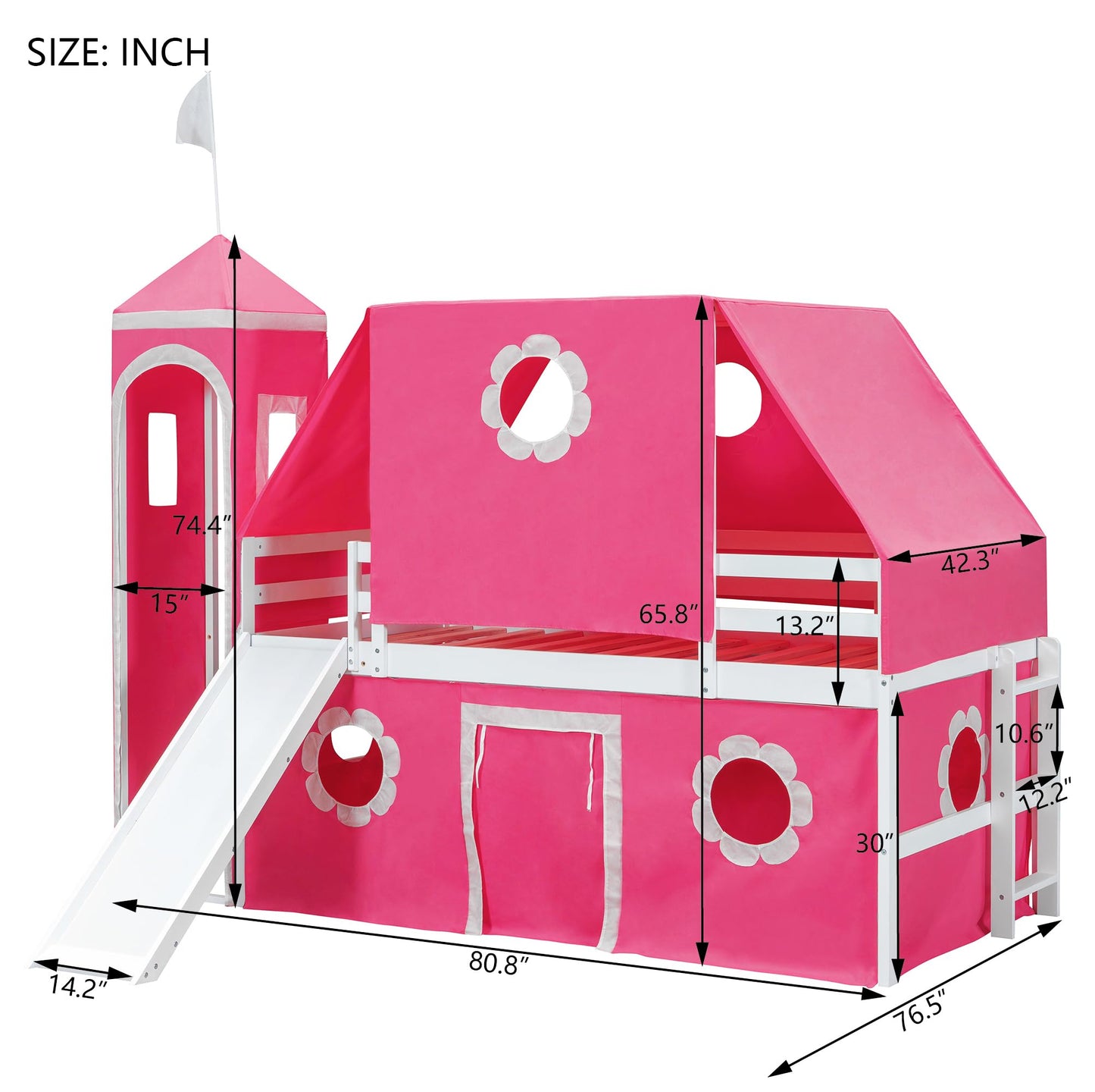 Polibi Castle Loft Bed with Slide & Tent and Tower, Playhouse Design Spacious Under Bed Space with Curtains, Wood Tent Bed Frame for Kids Boys Girls (Pink, Twin)