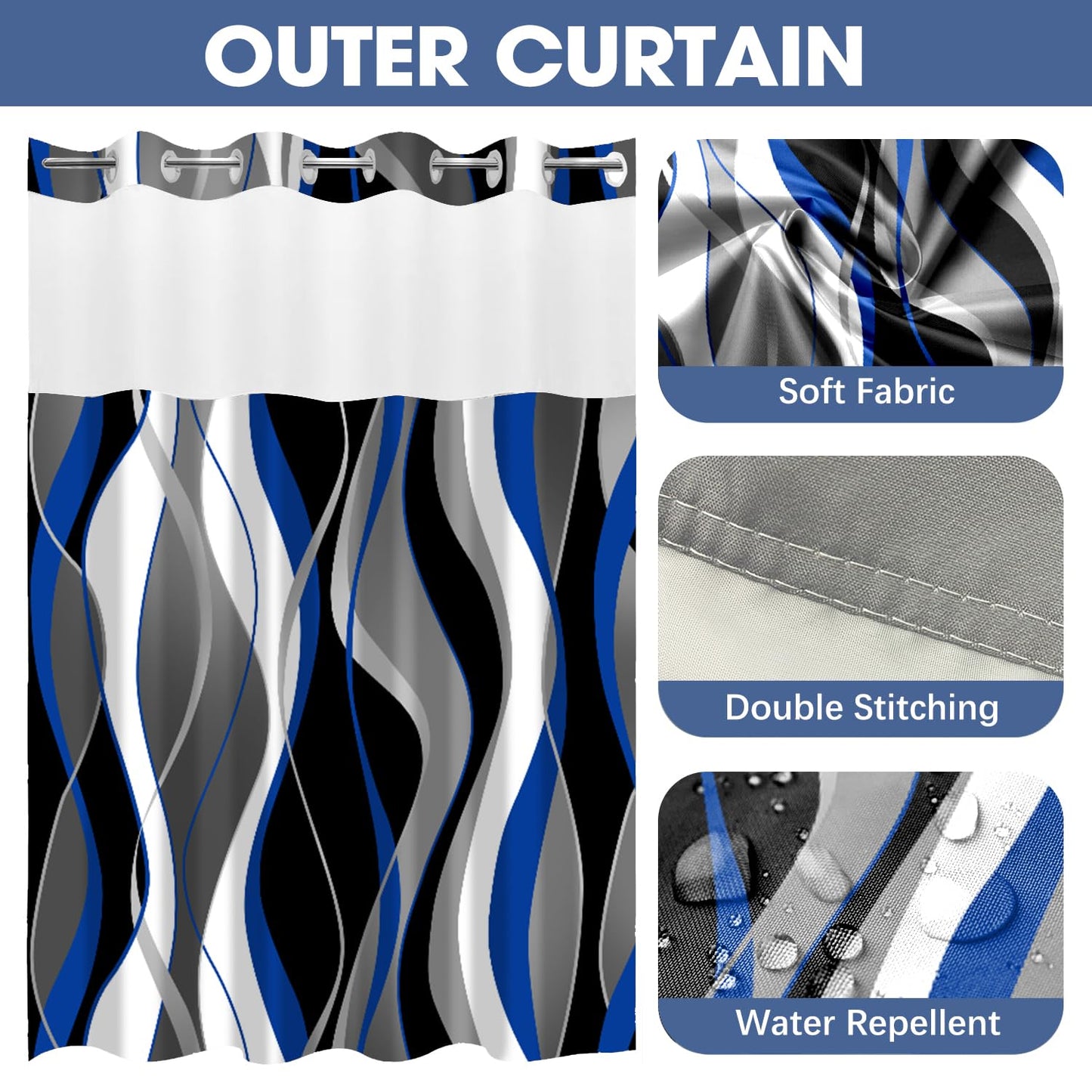 Nkzply No Hook Shower Curtain and Liner Set Blue Striped Shower Curtain with Snap in Liner Fabric Modern Black Grey Bathroom Set See Through Top Window Washable 71x74 Inch