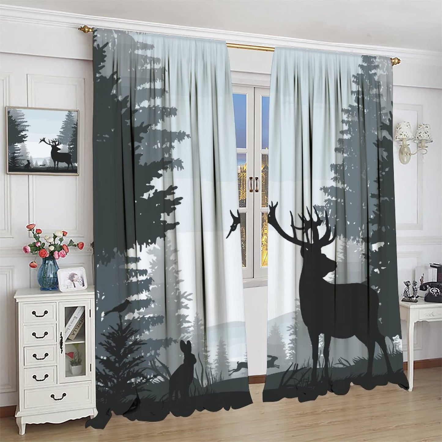 Deer Blackout Curtain,Misty Forest Rustic Wildlife Moose Mountain Elk Rabbit Pine Forest Silhouette Window Curtains Bedroom Living Room Insulated Window Drapes,2 Panels W42 xL45