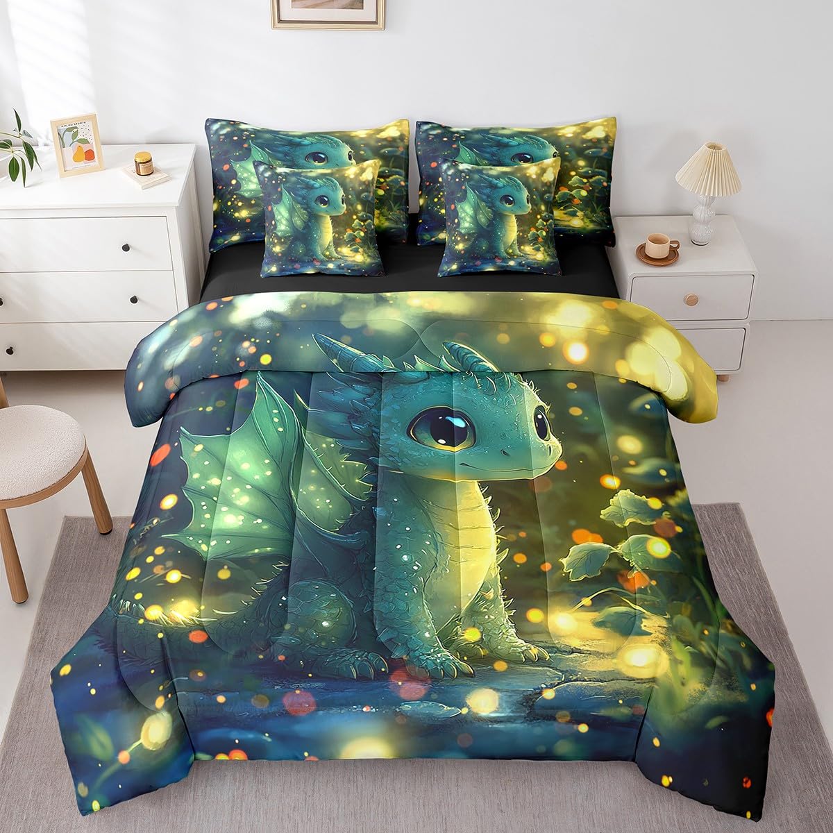 Feelyou Dragon Comforter Set with Sheets Twin Size Dragon Stuff Bed in a Bag for Boys Girls Teens Kawaii 7 Pieces Bedding Set Dragon Decor Bed Set Room Decor Bright Green