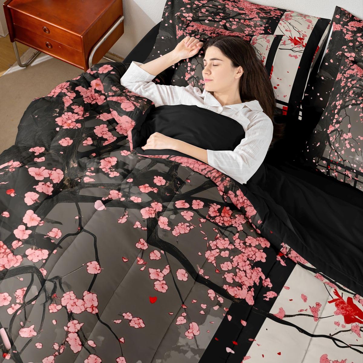 Erosebridal Japanese Style Cherry Blossom Twin Comforter Set with Sheets 7 Piece Pink Sakura Flowers Bed in A Bag Oriental Building View Bedding Sets for Kids Adults,Asian Art Bed Set