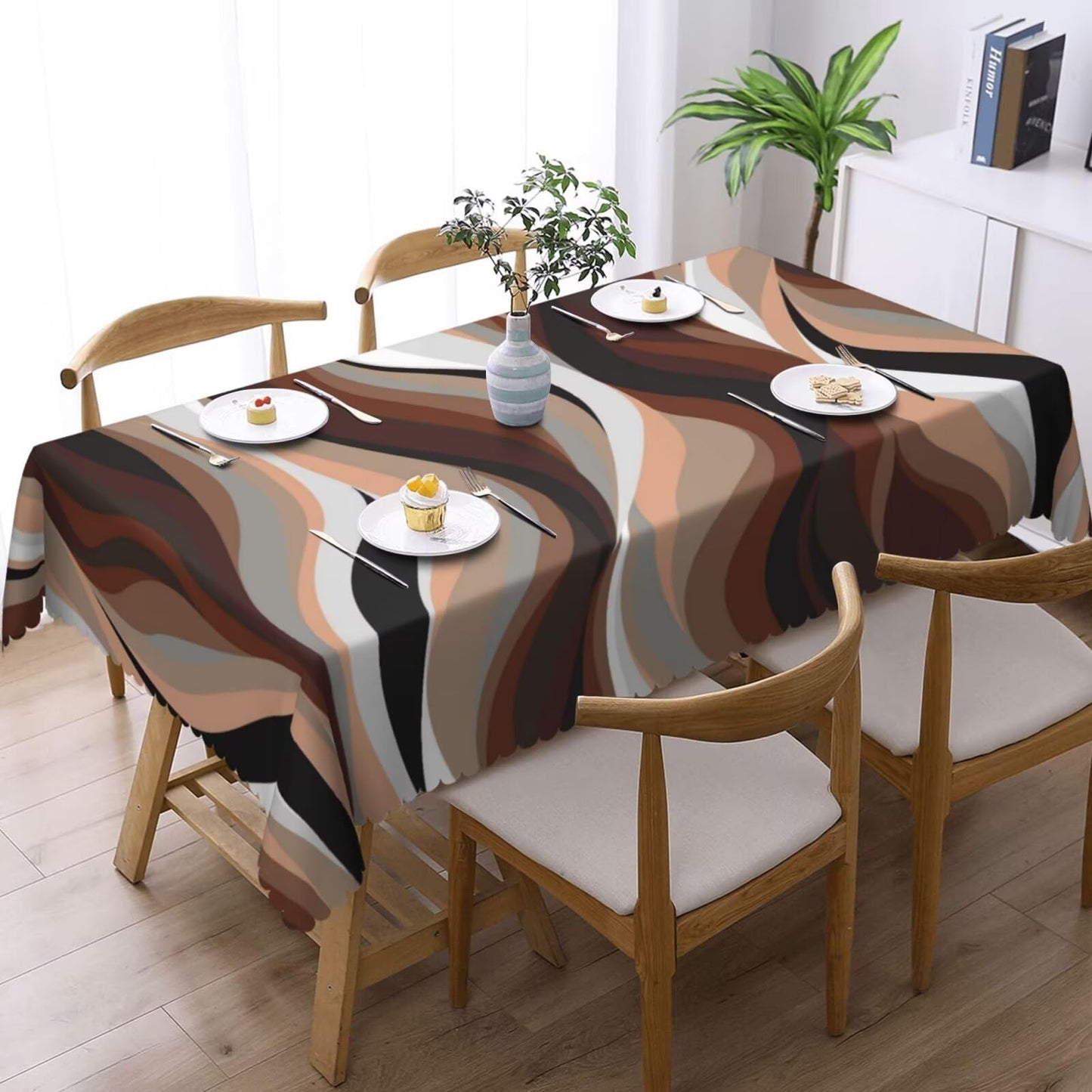 ZEJAYFEY Brown Abstract Rectangle Tablecloth Stripe Black White Gray Aesthetic Art Table Cloths Modern Irregular Washable Table Cover for Home Kitchen Dining Party Decor 54 x 72 Inch