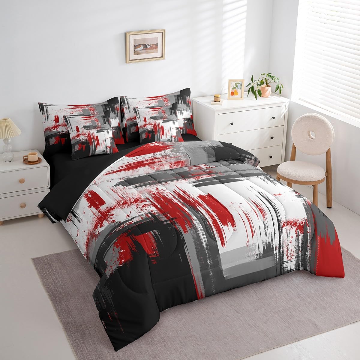 Feelyou Abstract Bed Set Includes Comforter, Sheet Set, Pillowcases & Pillow Covers Modern Abstract Art 7 Piece Bedding Set Children Red Grey Black Pattern Bedding Set Queen Size