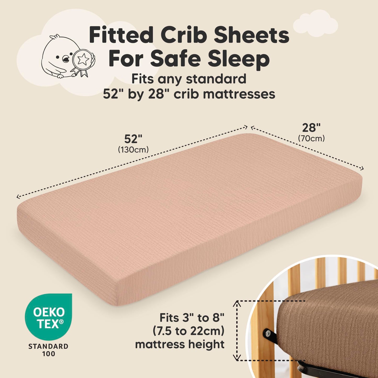 KeaBabies 2-Pack Muslin Crib Sheets for Boys, Girls - 100% Organic Cotton Fitted Baby Crib Mattress Sheet, Soft Breathable Standard Toddler Bed Cover Bedding Set, Neutral, Durable 52x28 (Russet)