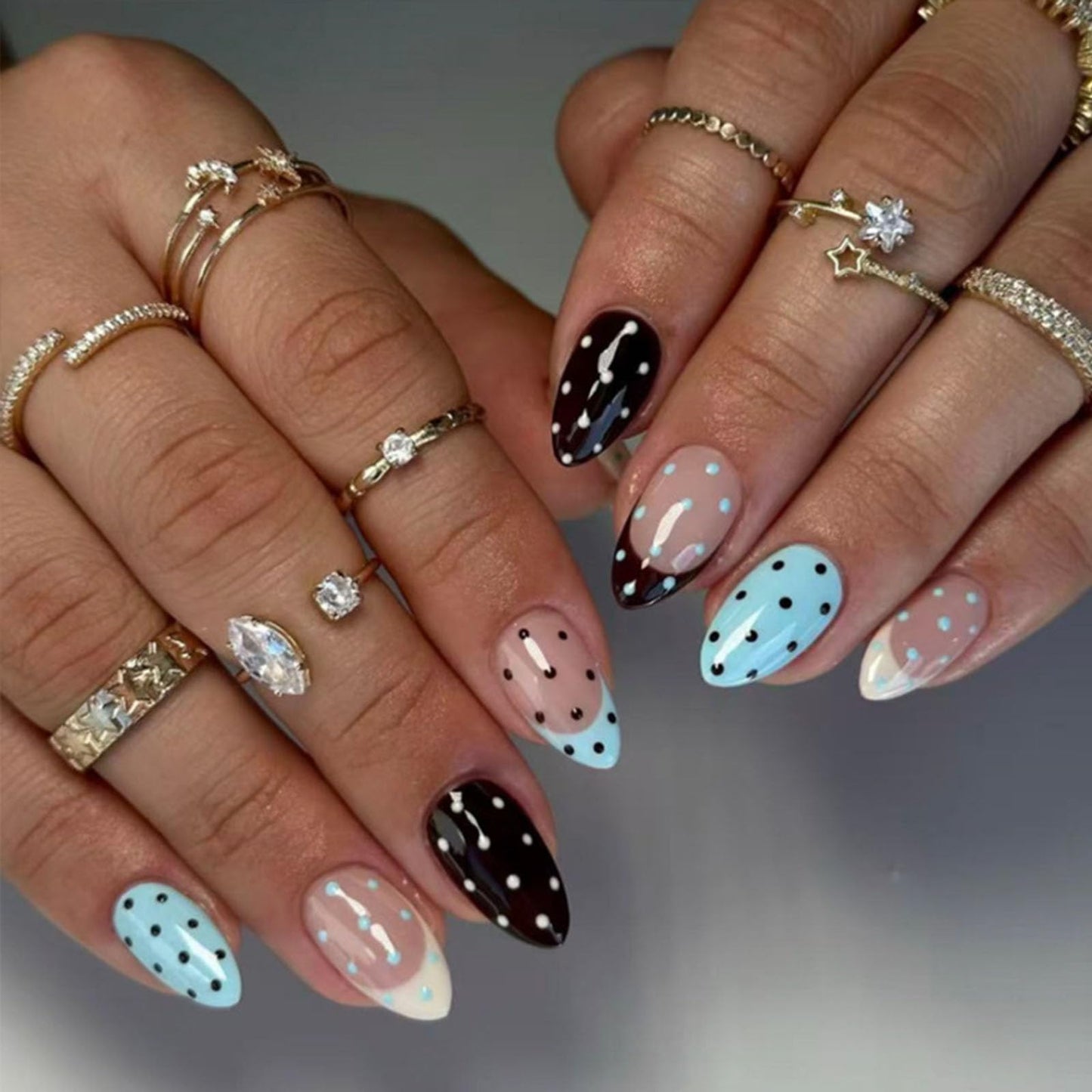 Polka Dot French Tip Press on Nails Short Almond Fake Nails Black White Blue Stick on Nail Full Cover Reusable False Nail for Women 24Pcs