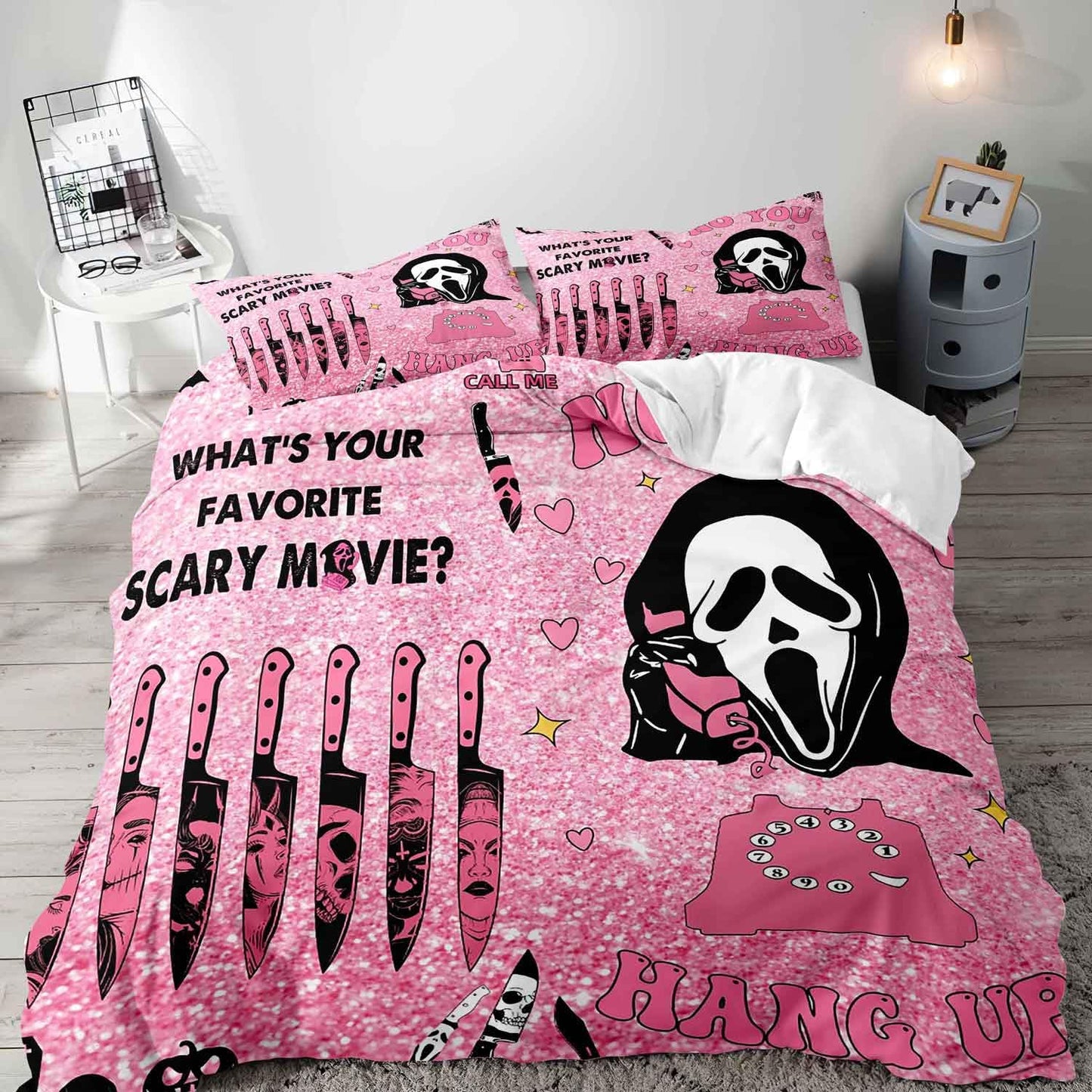 LUVIVIHOME 3PCS Funny Ghost Duvet Cover Queen Bedding Sets, Kids Teen Girls Bedding, Pink Duvet Cover, Gothic Spooky Scary Horror Scream Knife Skull Face Pink Halloween Comforter Cover, 2 Pillow Cases