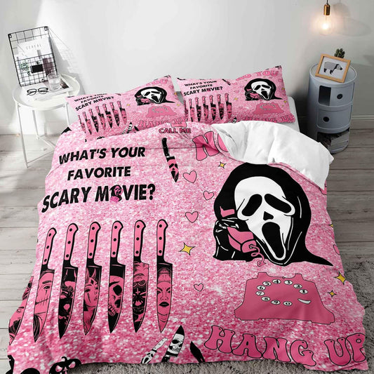 LUVIVIHOME 3PCS Funny Ghost Duvet Cover Queen Bedding Sets, Kids Teen Girls Bedding, Pink Duvet Cover, Gothic Spooky Scary Horror Scream Knife Skull Face Pink Halloween Comforter Cover, 2 Pillow Cases